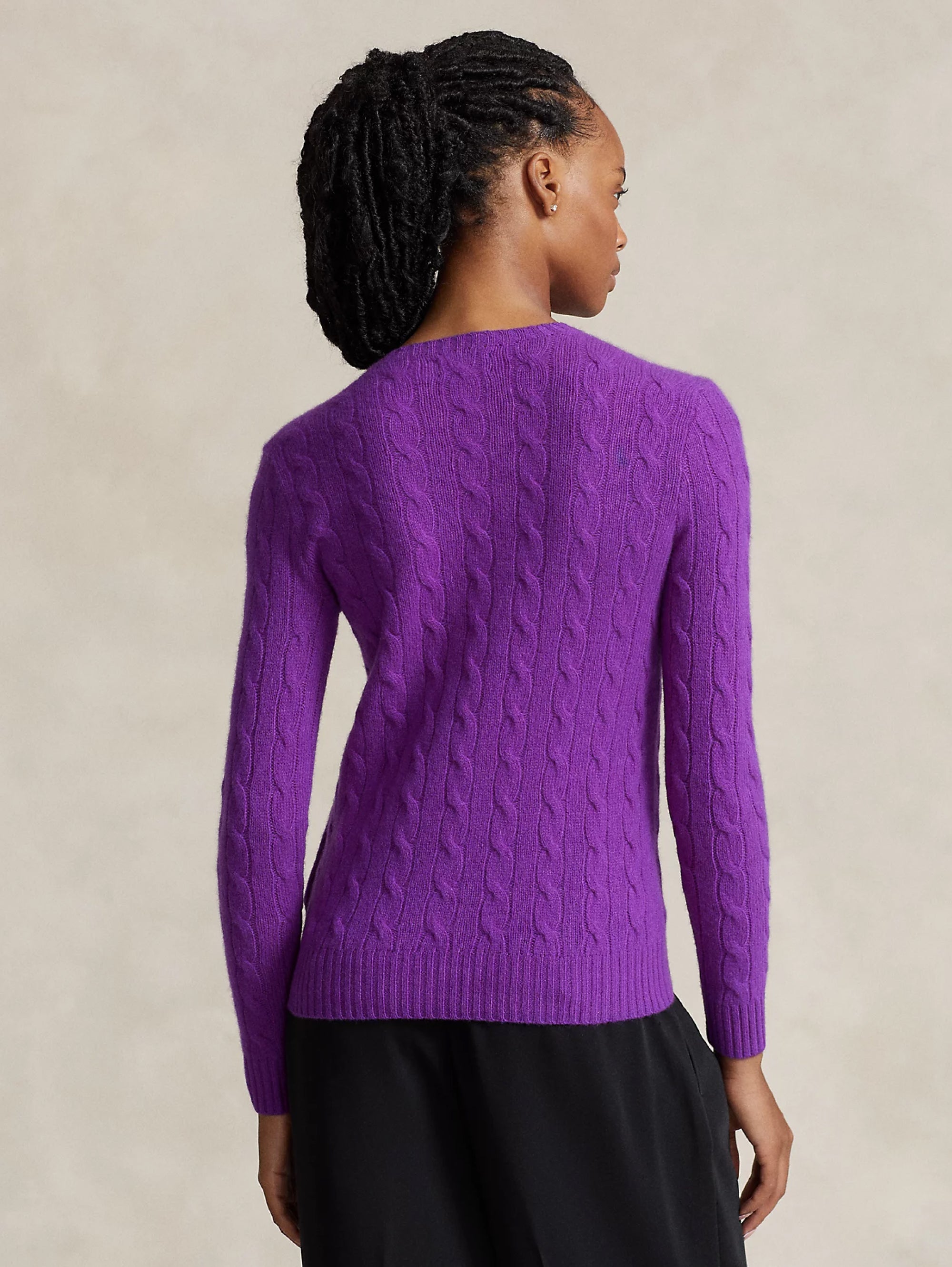 Women Purple Cable Wool-Cashmere V-Neck Sweater