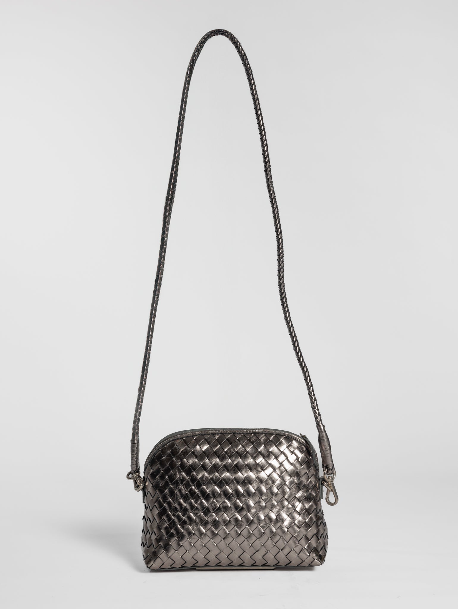 Fellini Chunky Woven Leather Shoulder Bag Silver