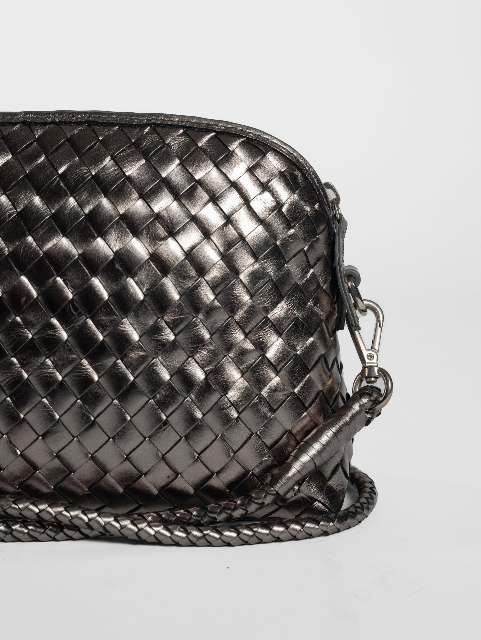 Fellini Chunky Woven Leather Shoulder Bag Silver