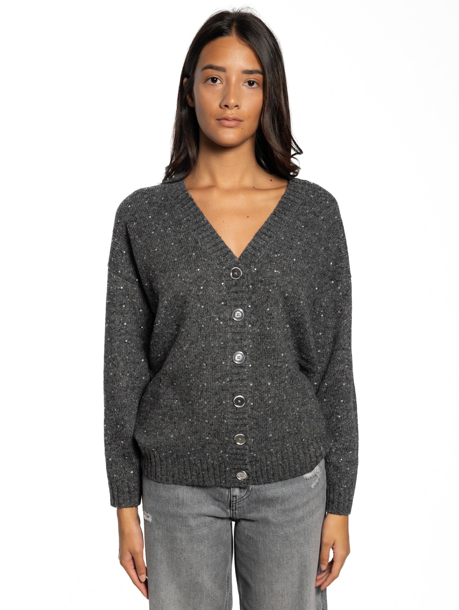 PINKO Cardigan a V con Strass Grigio