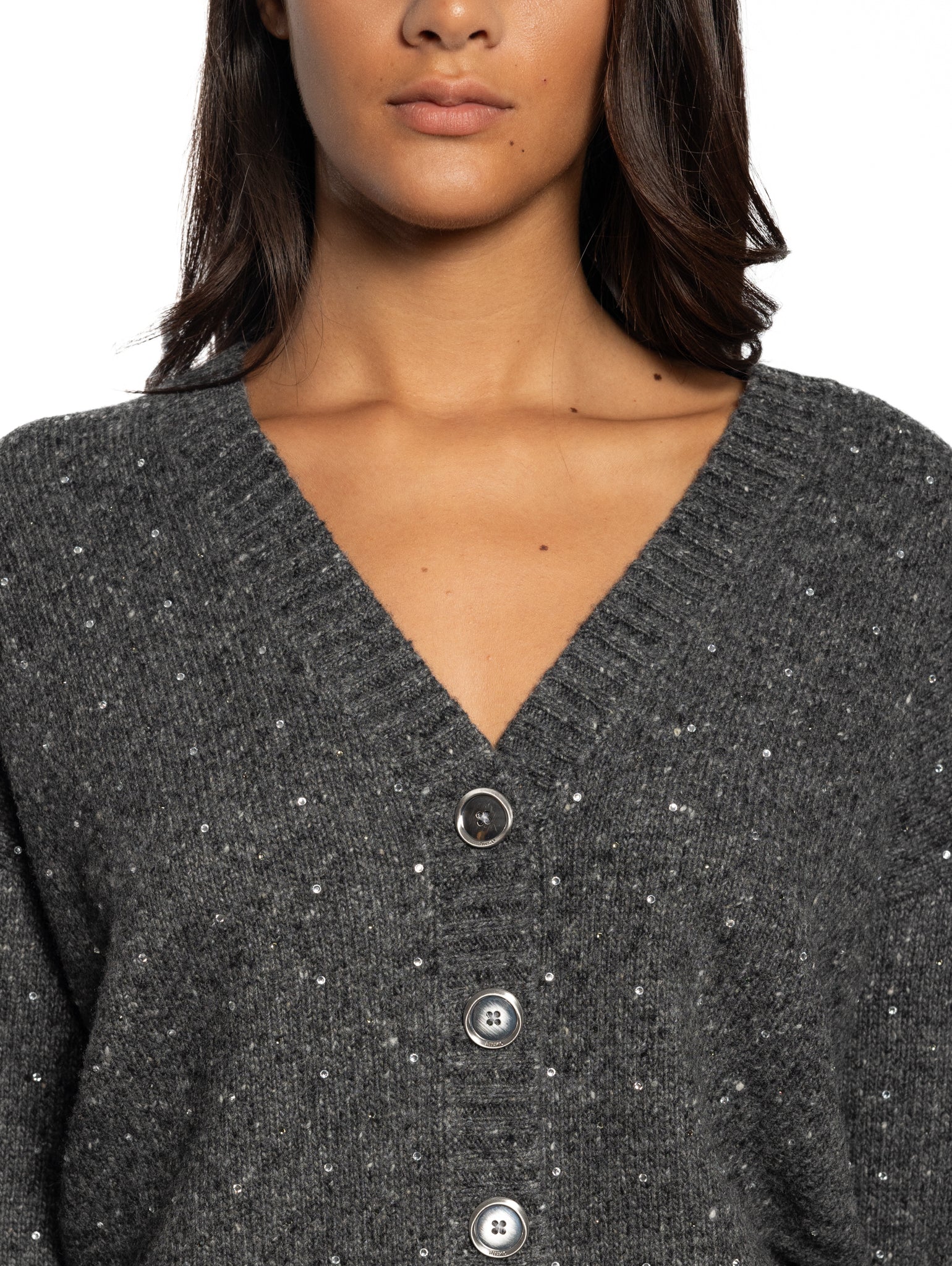 Cardigan a V con Strass Grigio