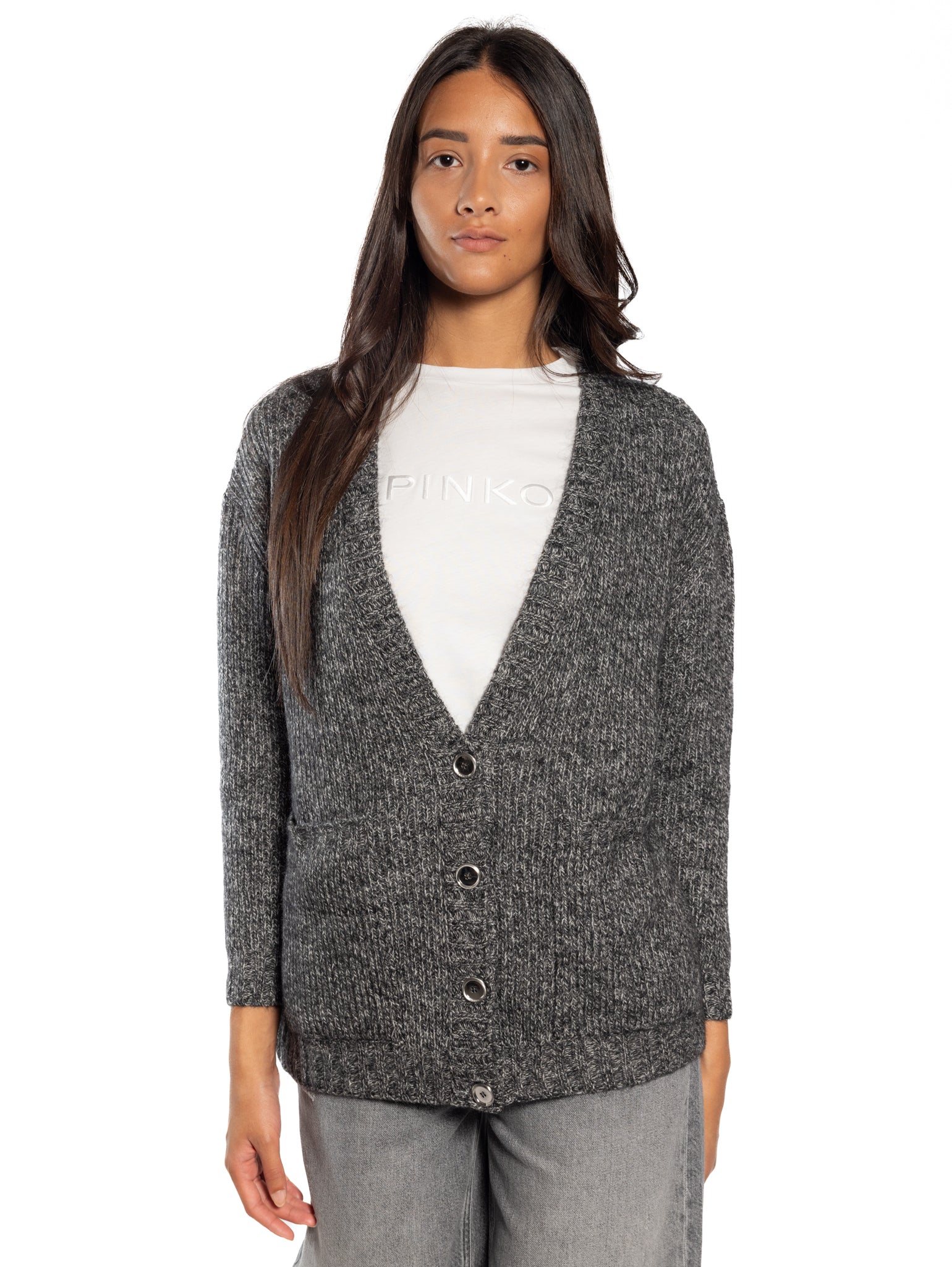 PINKO Cardigan Mélange con Scollo a V Grigio