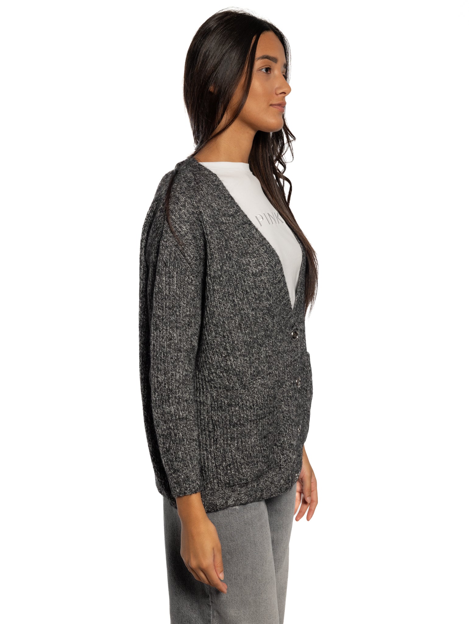 Grau Mélange Cardigan mit V-Ausschnitt