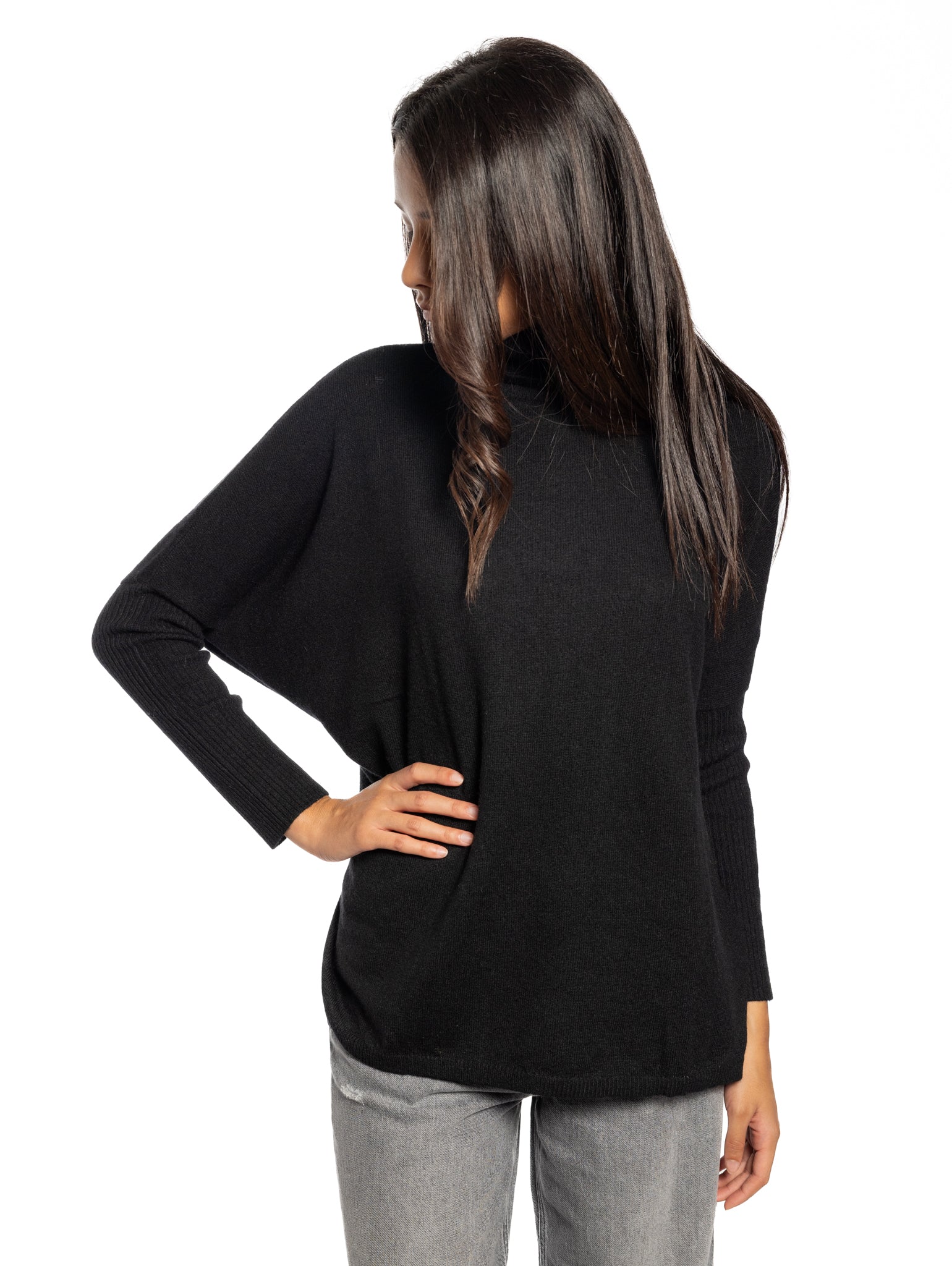 Black Cashmere High Neck Poncho Sweater