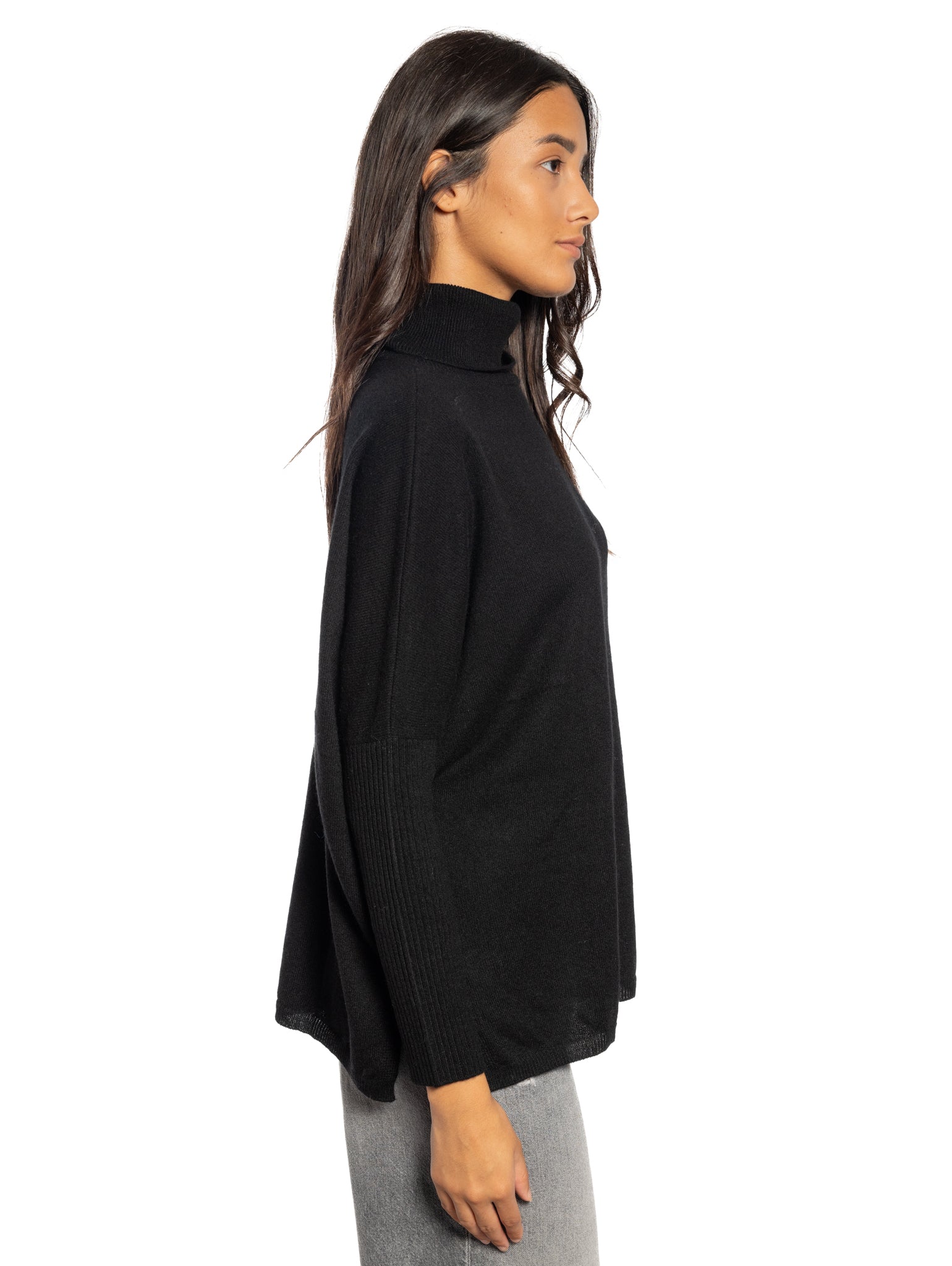 Maglia Poncho Collo Alto In Cashmere Nero