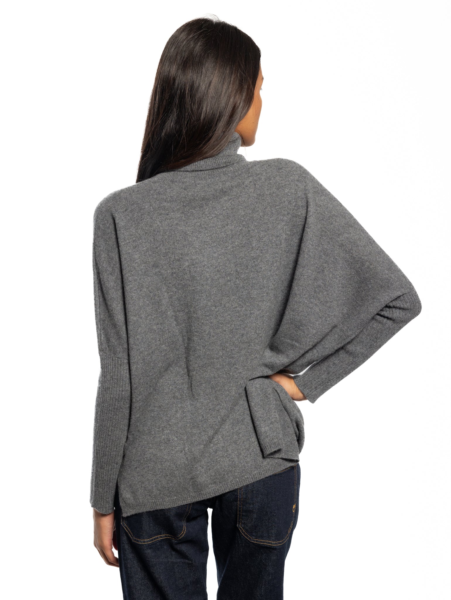 Gray Cashmere High Neck Poncho Sweater