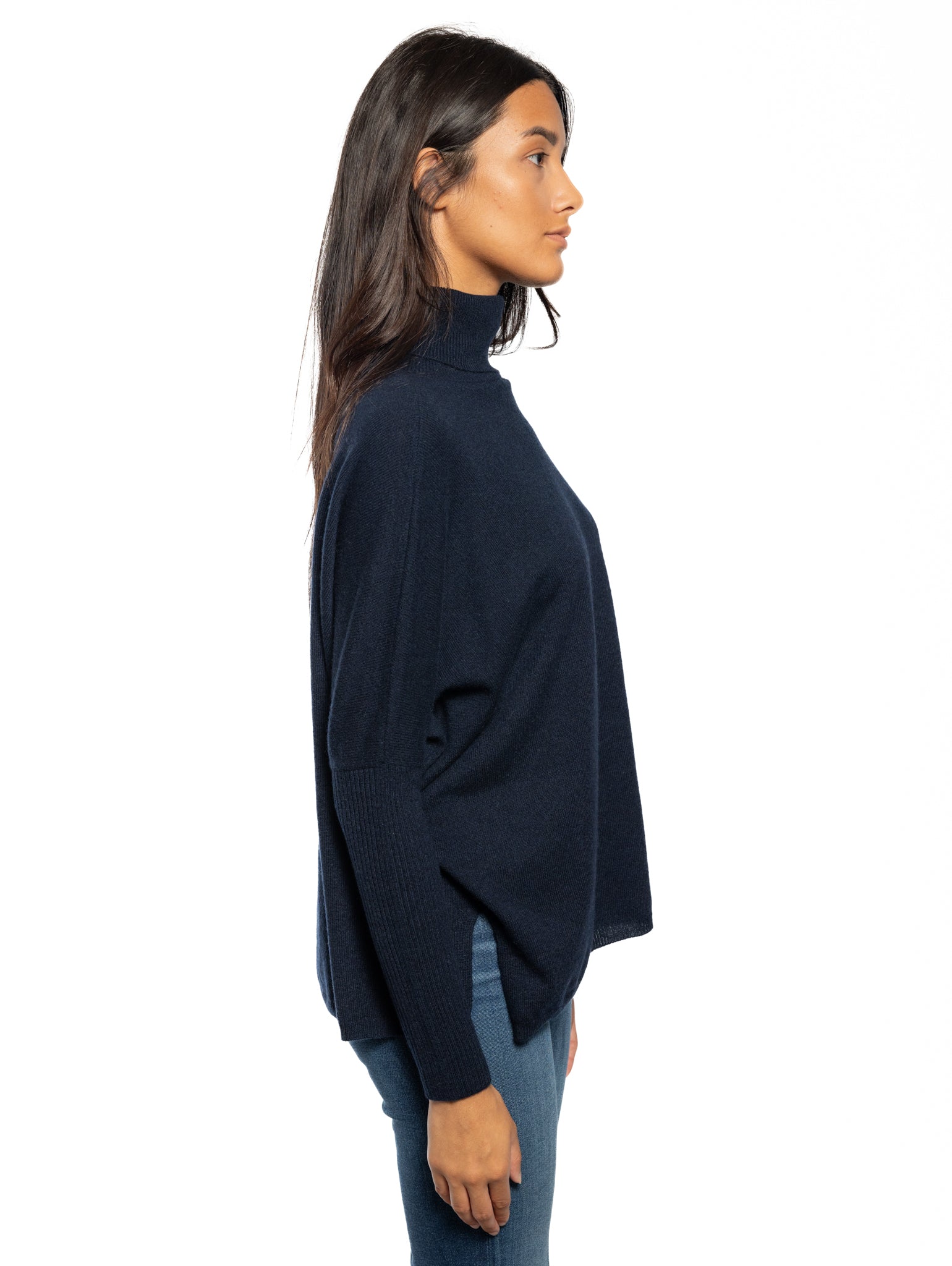 Blue Cashmere High Neck Poncho Sweater