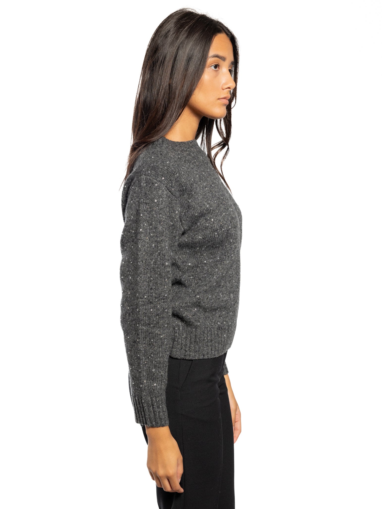 Gray Rhinestone Crew Neck Sweater