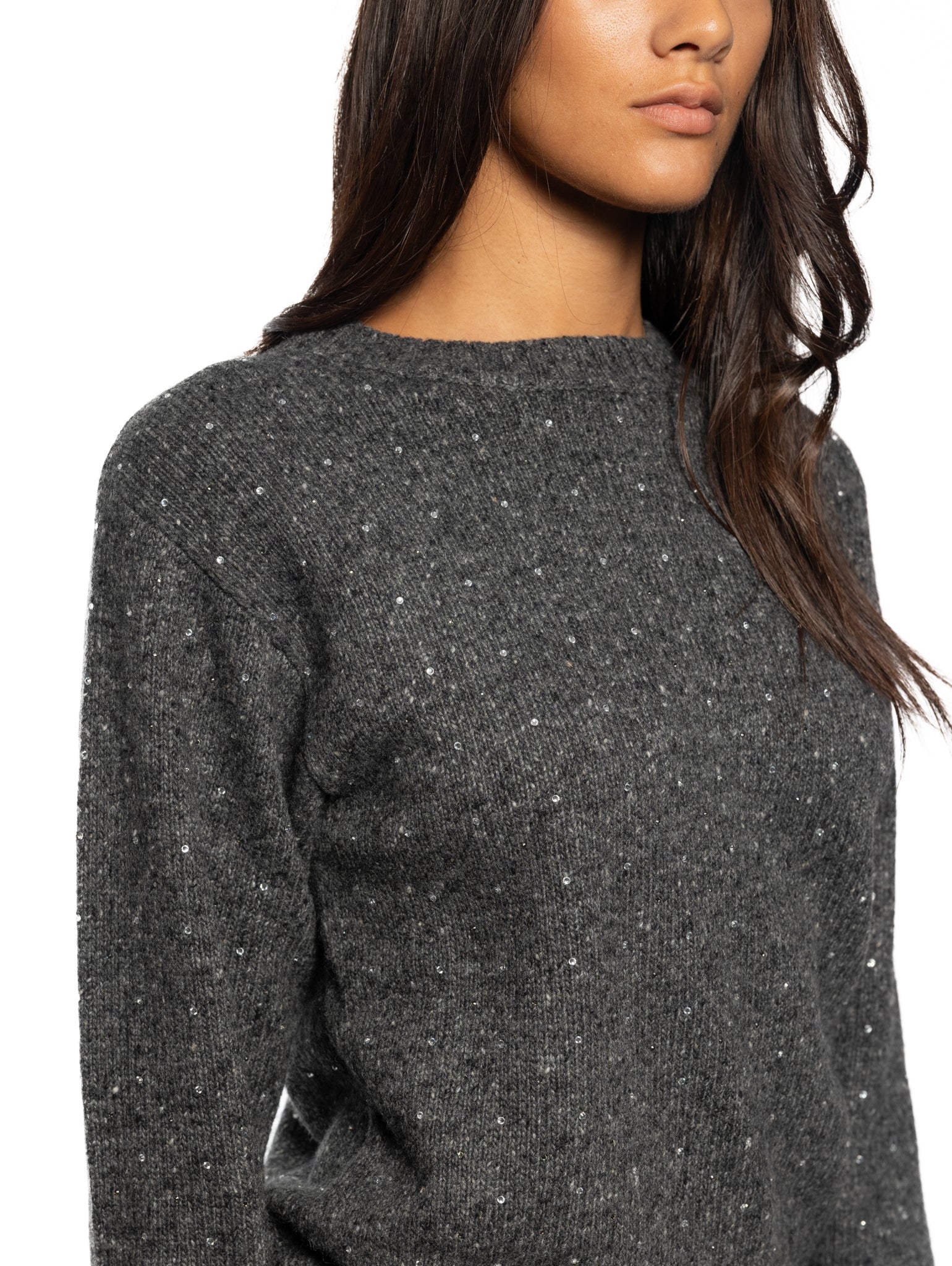 Gray Rhinestone Crew Neck Sweater