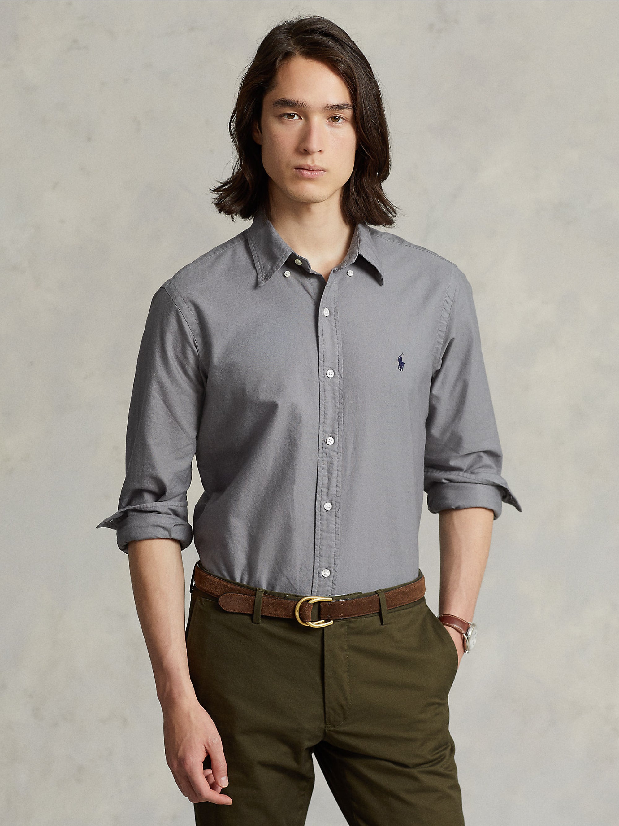 RALPH LAUREN-Camicia in Cotone Oxford Slim Filt Grigia-TRYME Shop