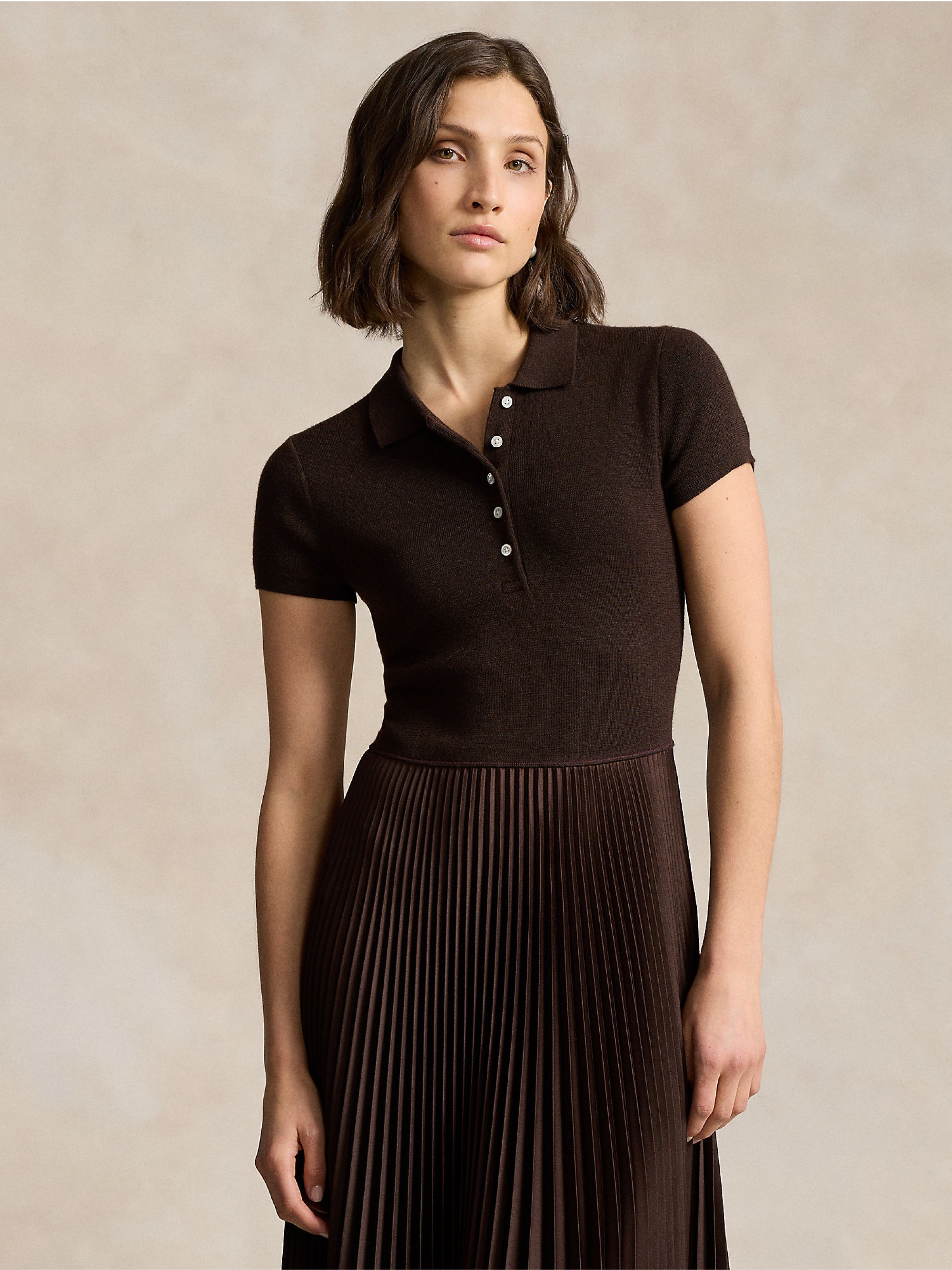 Knitted Dress with Brown Pleated Skirt