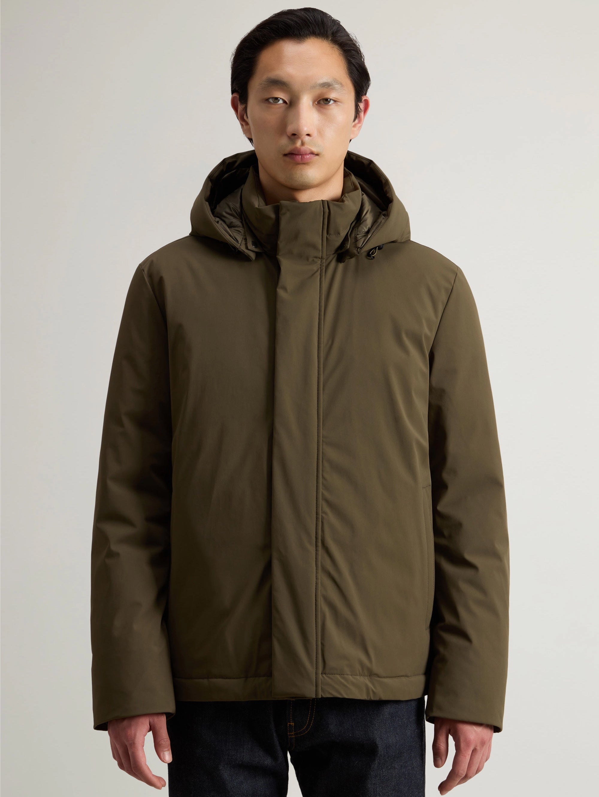 WOOLRICH-Parka Corto in Tessuto Stretch Verde-TRYME Shop