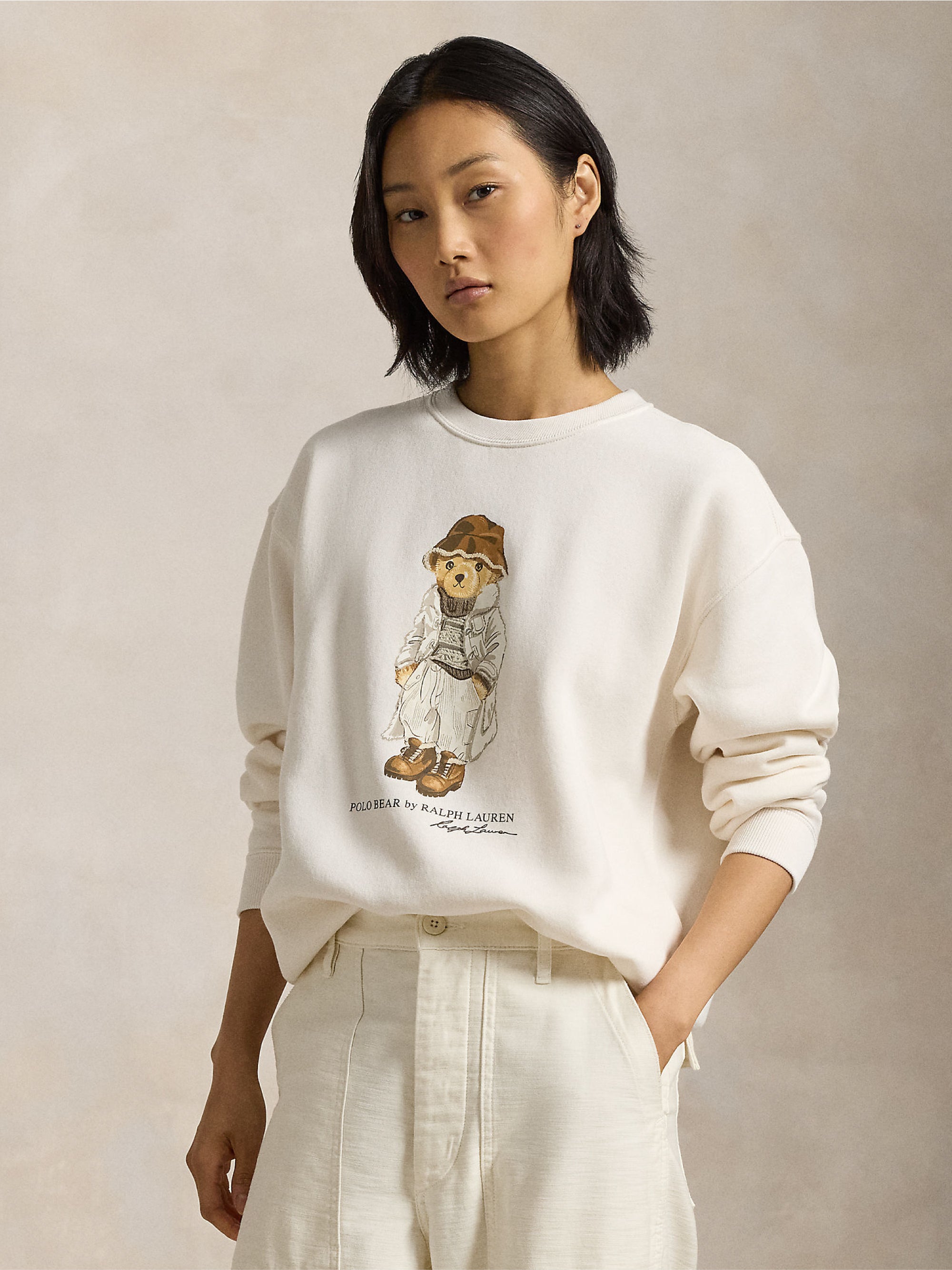 RALPH LAUREN-Felpa Girocollo con Stampa Polo Bear Crema-TRYME Shop