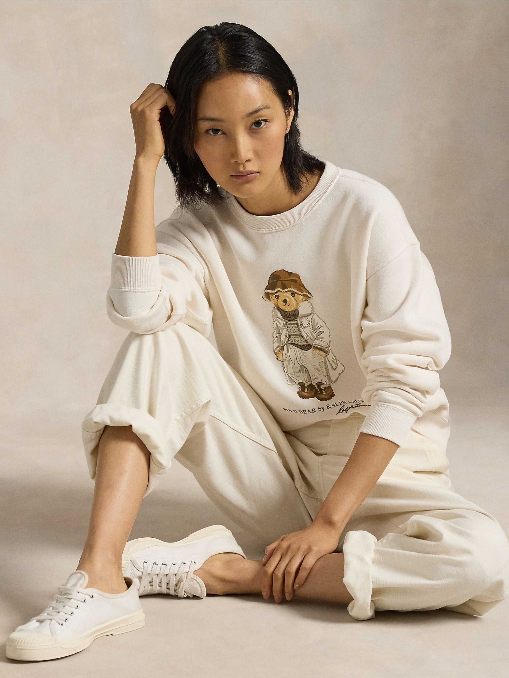 Crewneck Sweatshirt with Cream Polo Bear Print