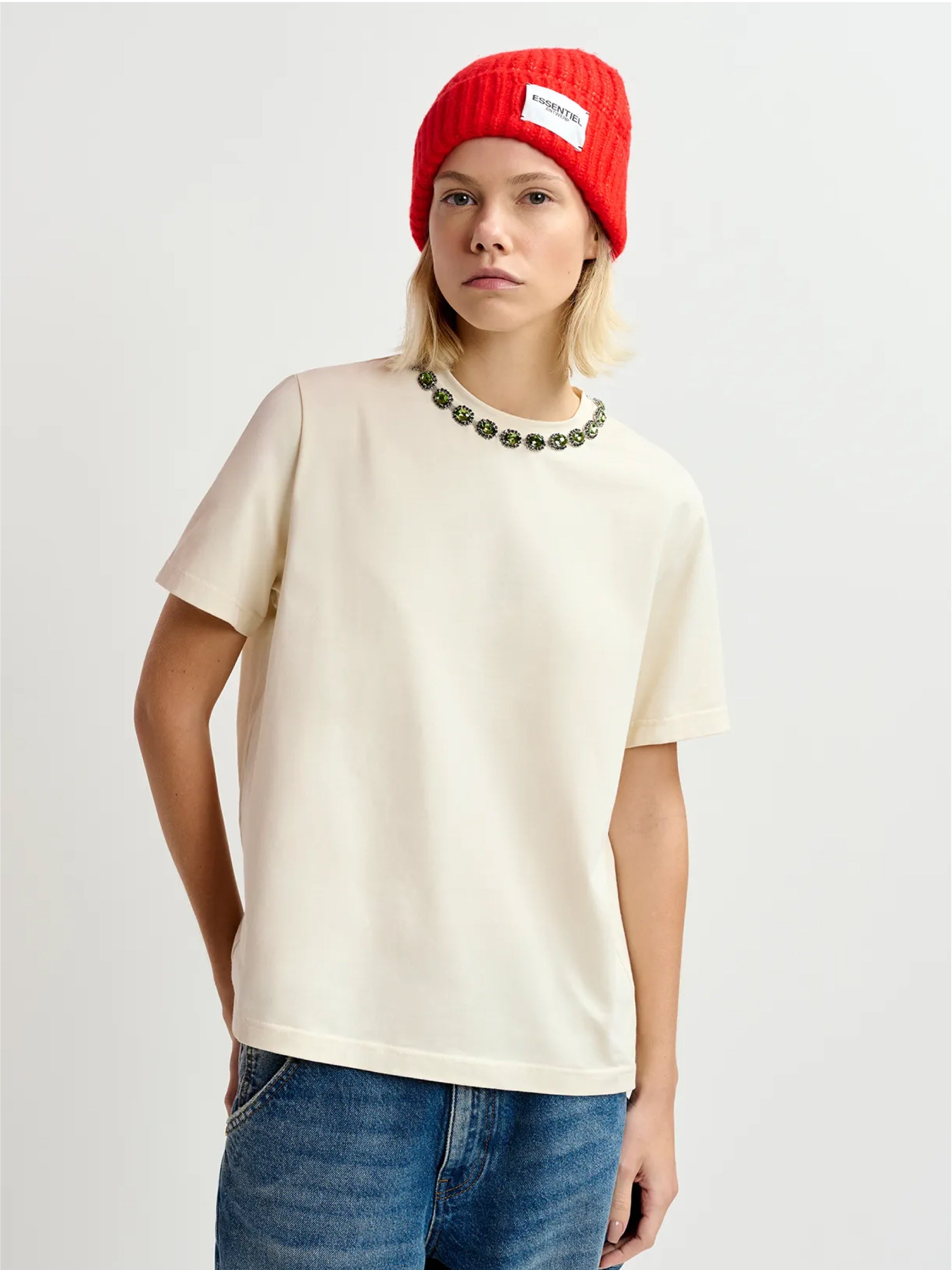 ESSENTIEL ANTWERP-T-shirt con Ricami di Strass Ecru-TRYME Shop