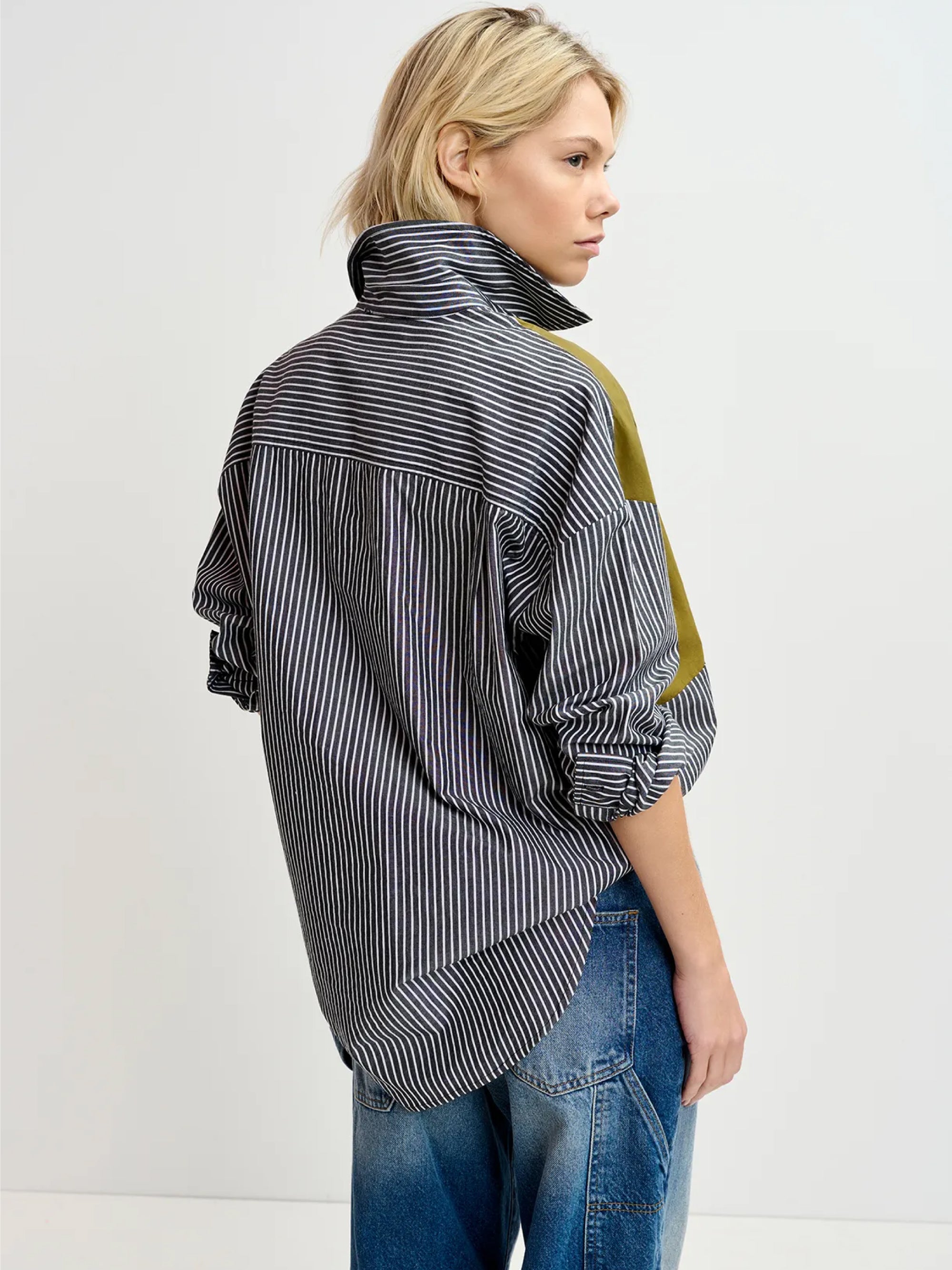 Camicia Over a Righe Patchwork Nero