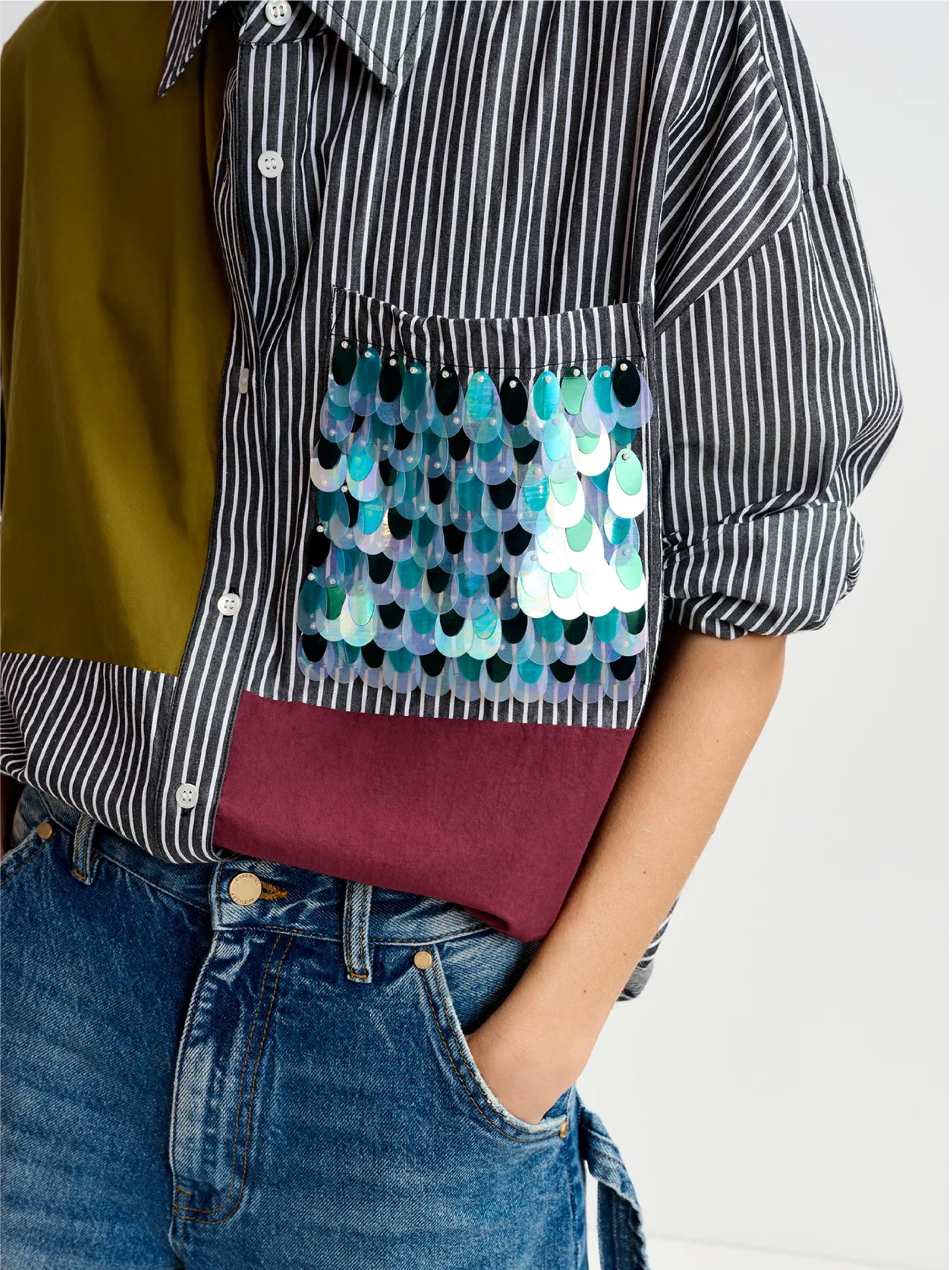 Camicia Over a Righe Patchwork Nero