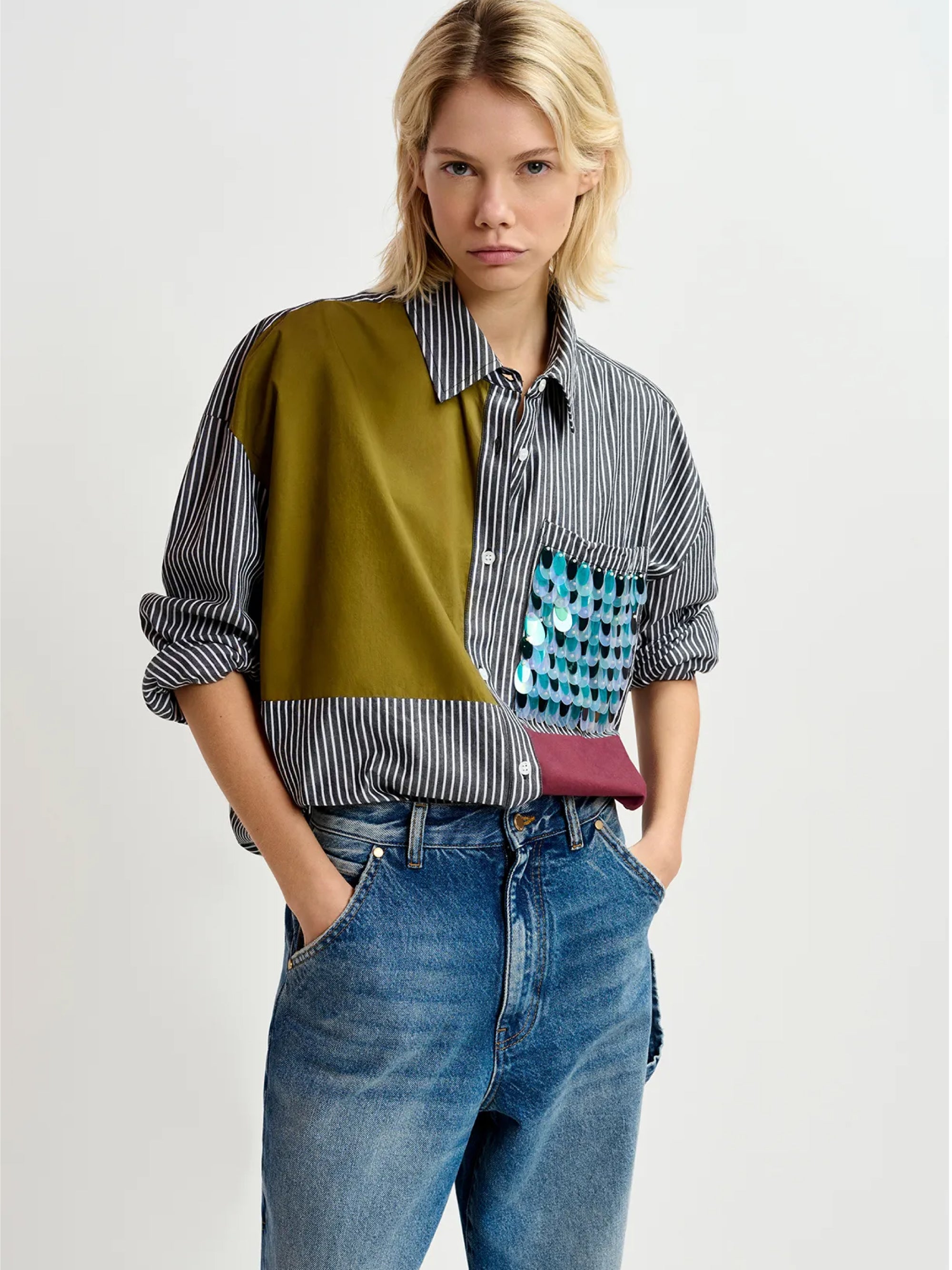 ESSENTIEL ANTWERP-Camicia Over a Righe Patchwork Nero-TRYME Shop