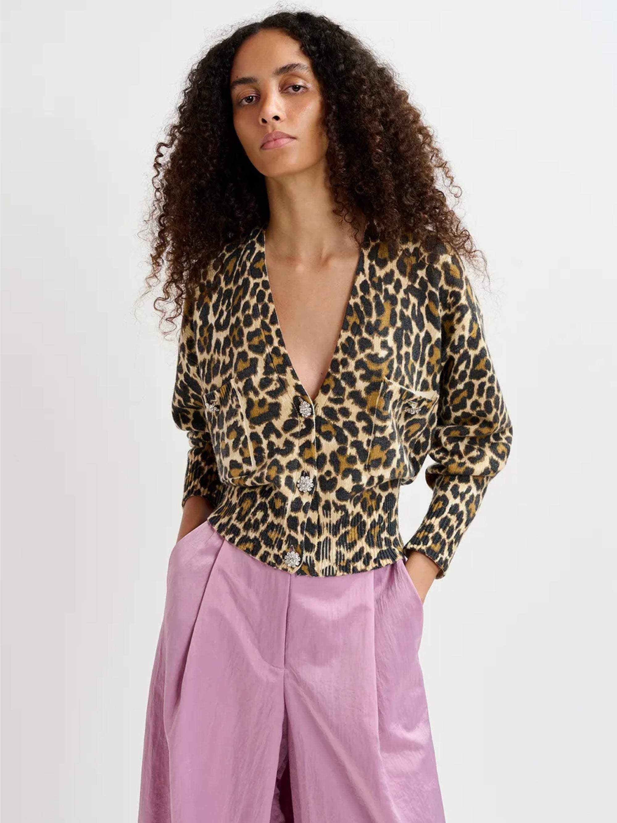 ESSENTIEL ANTWERP-Cardigan Animalier con Bottoni Gioiello Nero-TRYME Shop