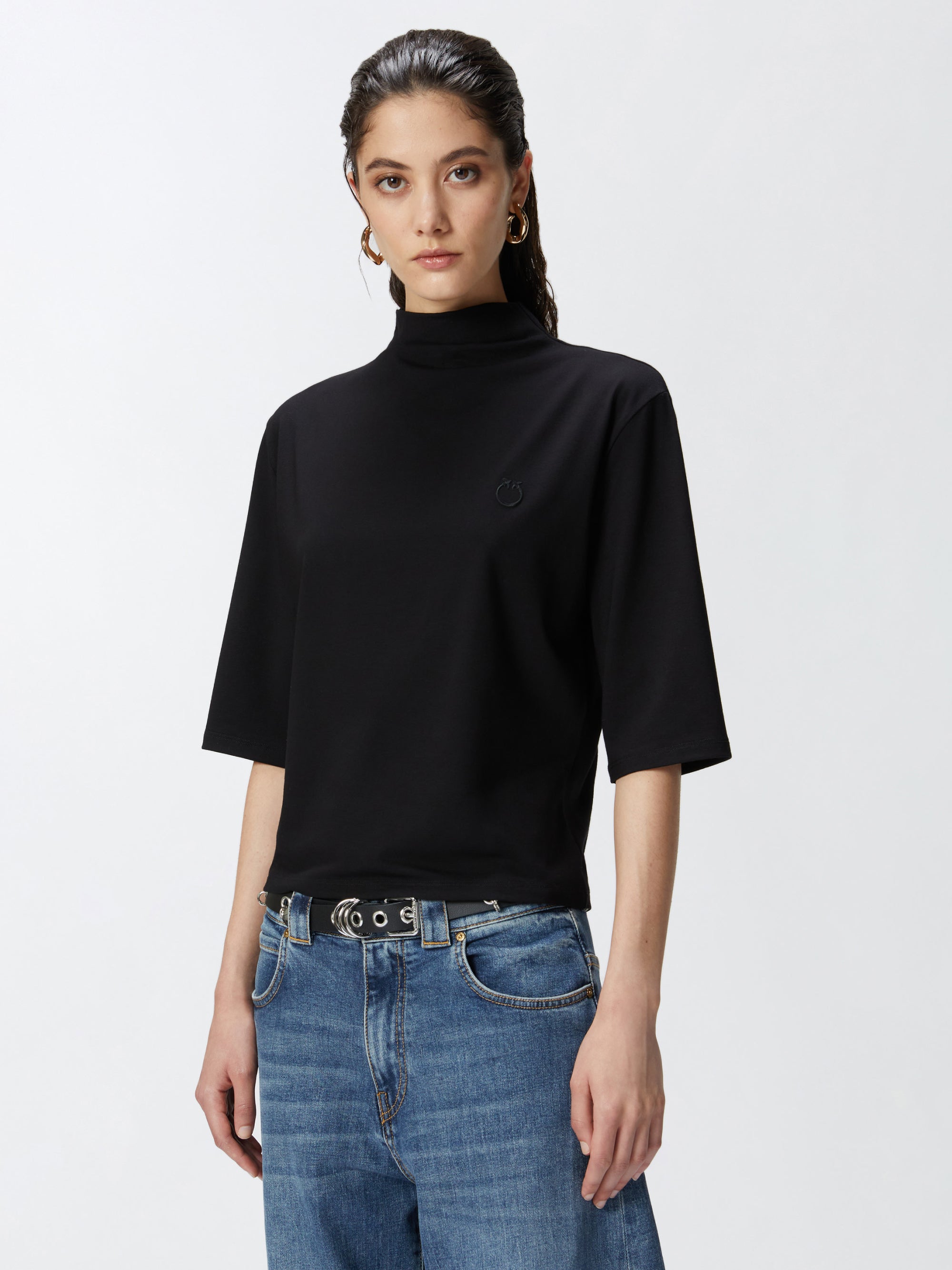 PINKO-Maglia con Mezzo Collo in Jersey Nero-TRYME Shop