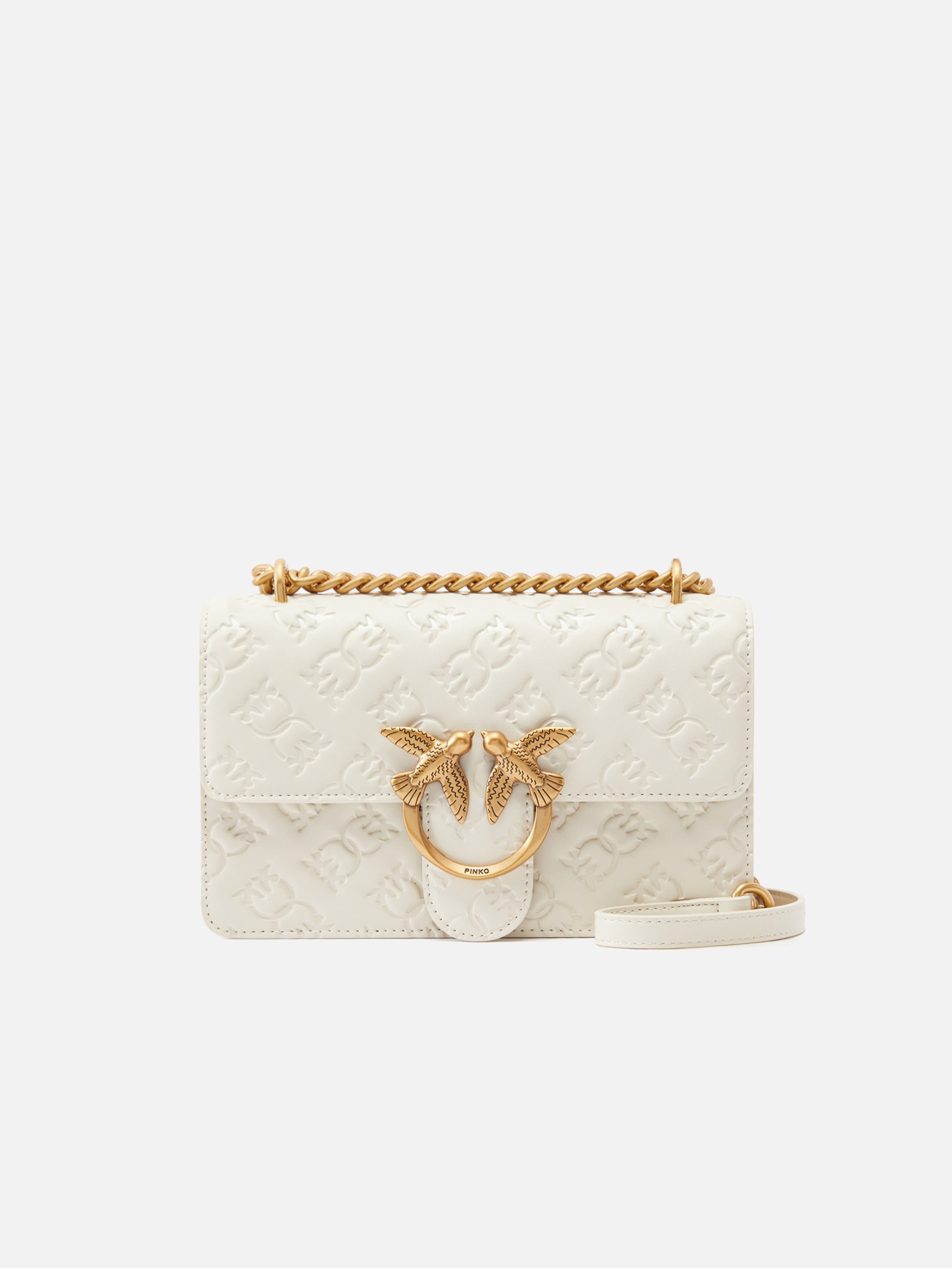 PINKO-Borsa Mini con Motivo Love Birds Imprimè Bianco/Oro-TRYME Shop