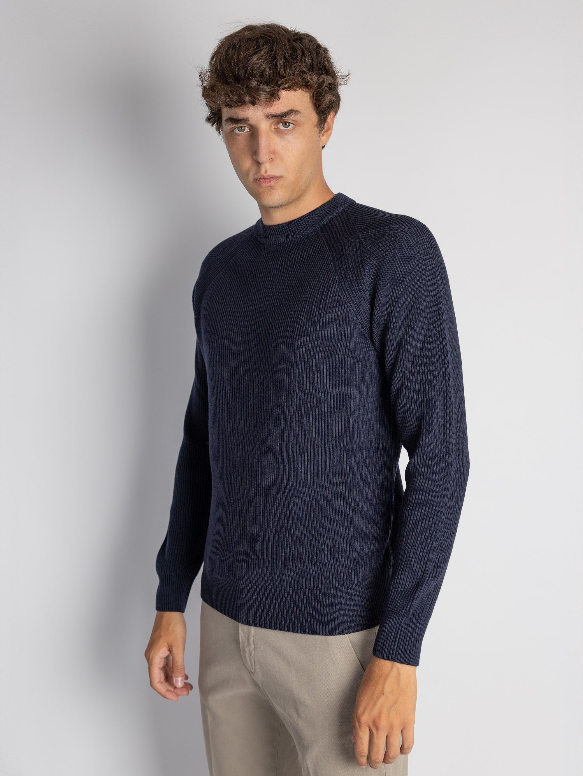 Blue English Ribbed Crew Neck Sweater