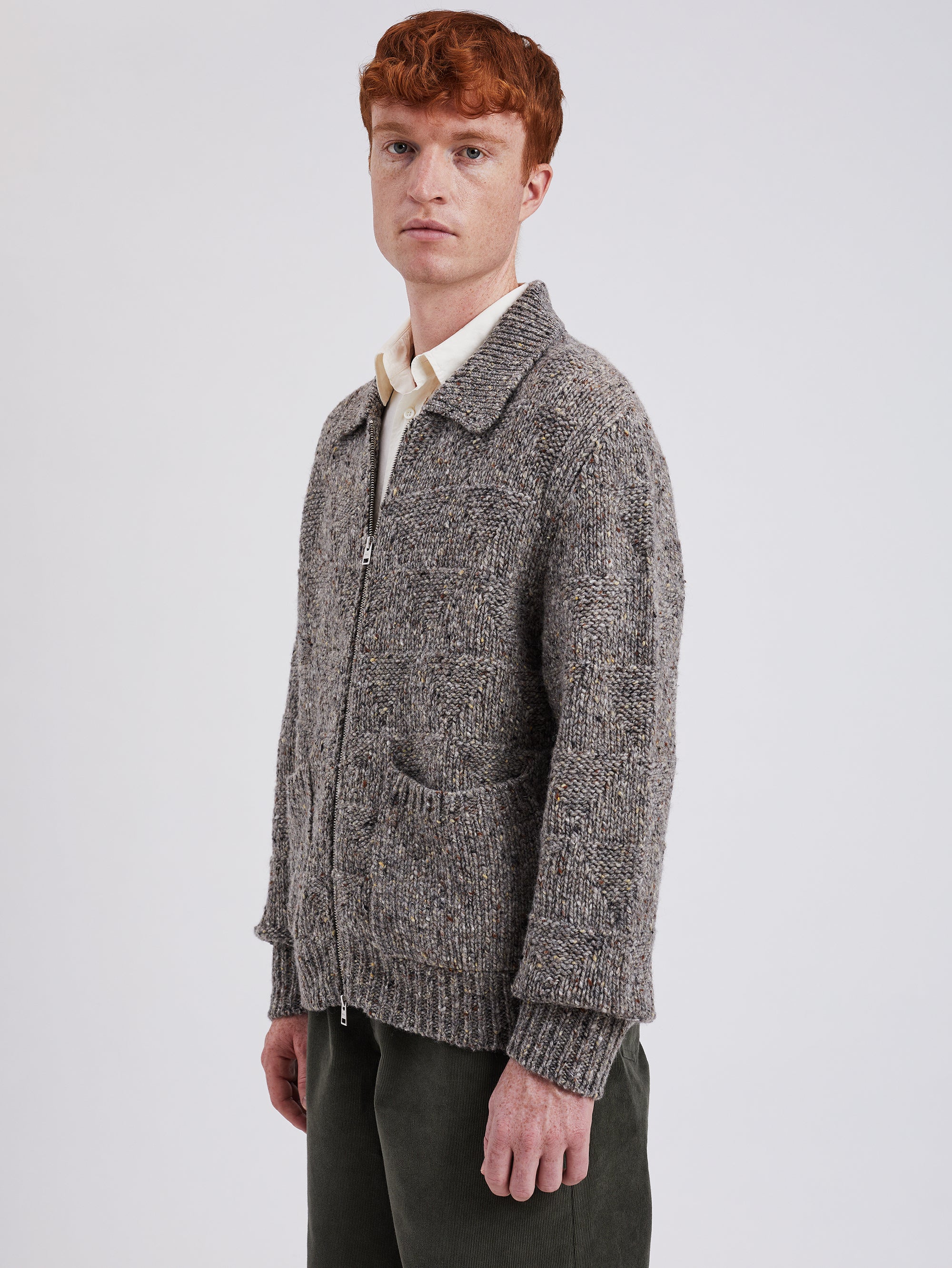 Cardigan Full Zip Lavorato a Maglia Grigio