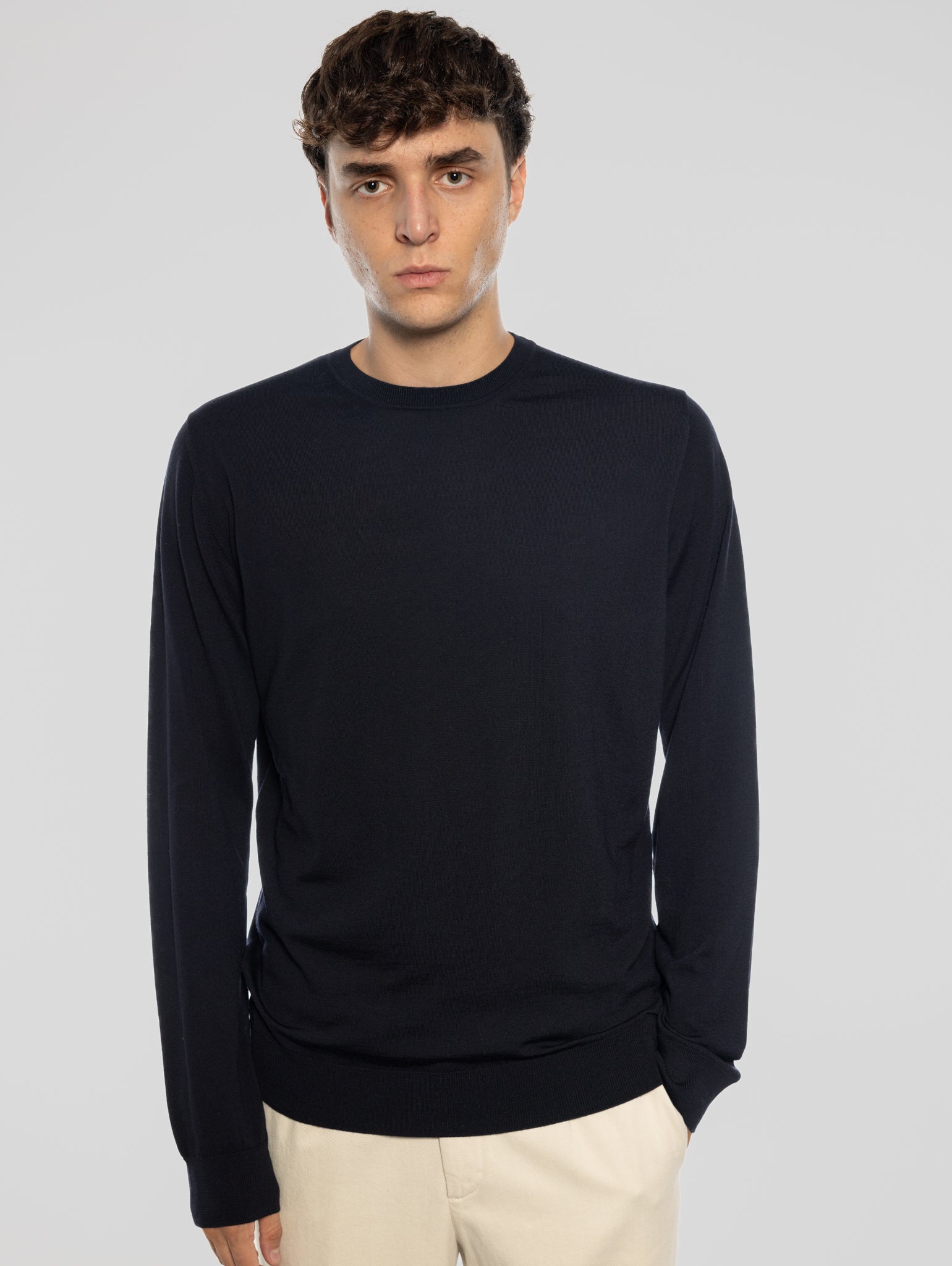 ALPHA STUDIO-Maglia Girocollo in Lana Ultrafine Blu Notte-TRYME Shop