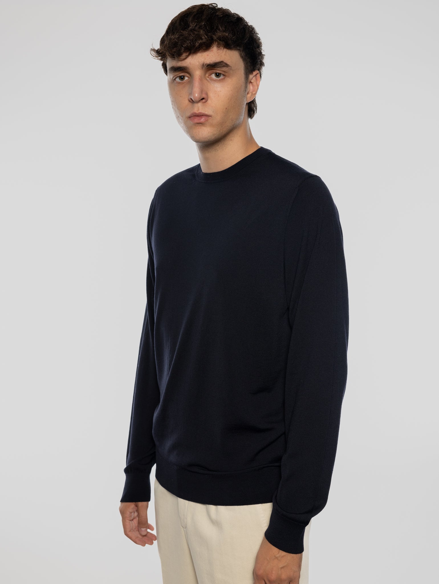 Midnight Blue Ultrafine Wool Crew Neck Sweater