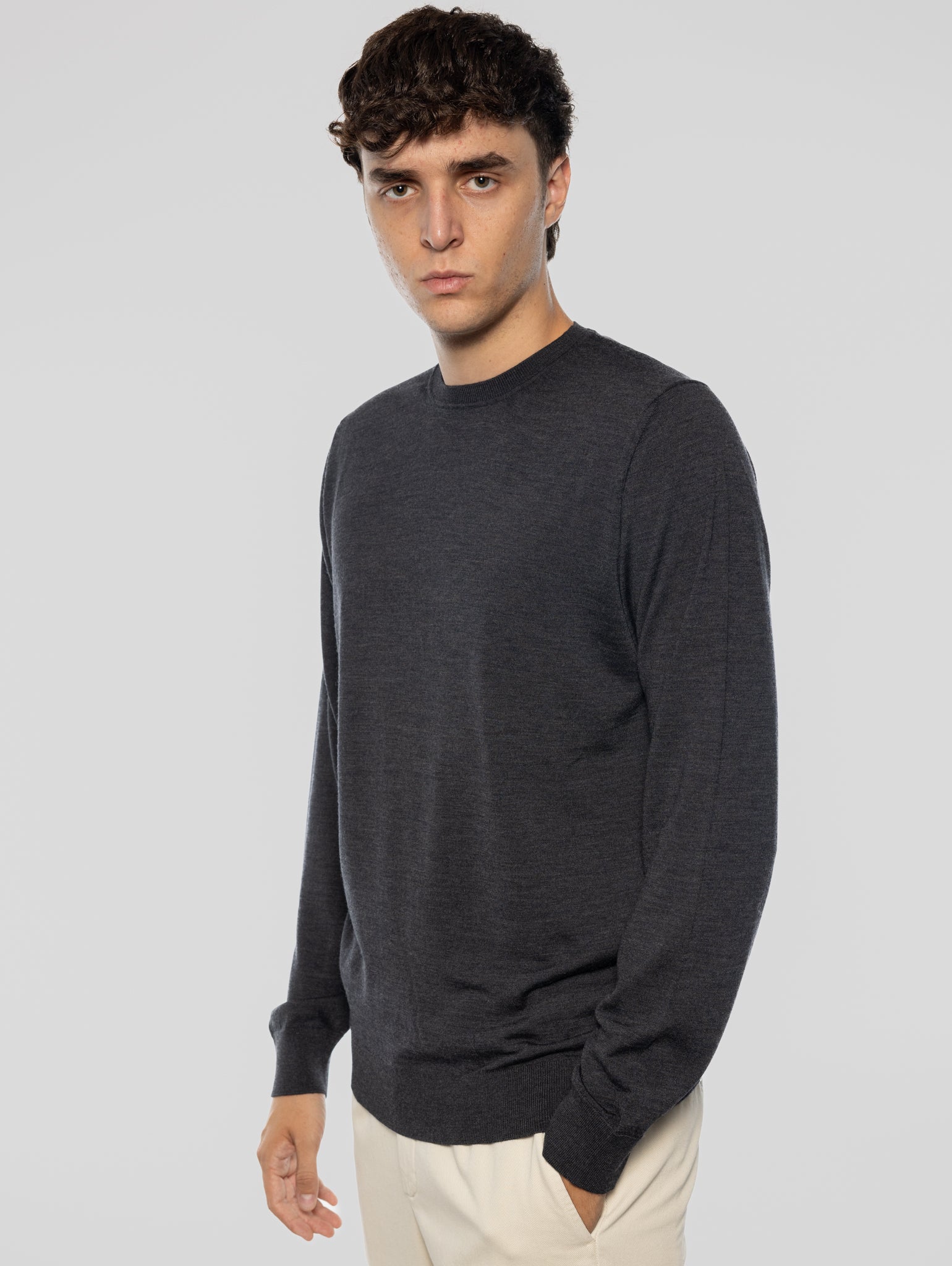 Anthracite Ultrafine Wool Crew Neck Sweater