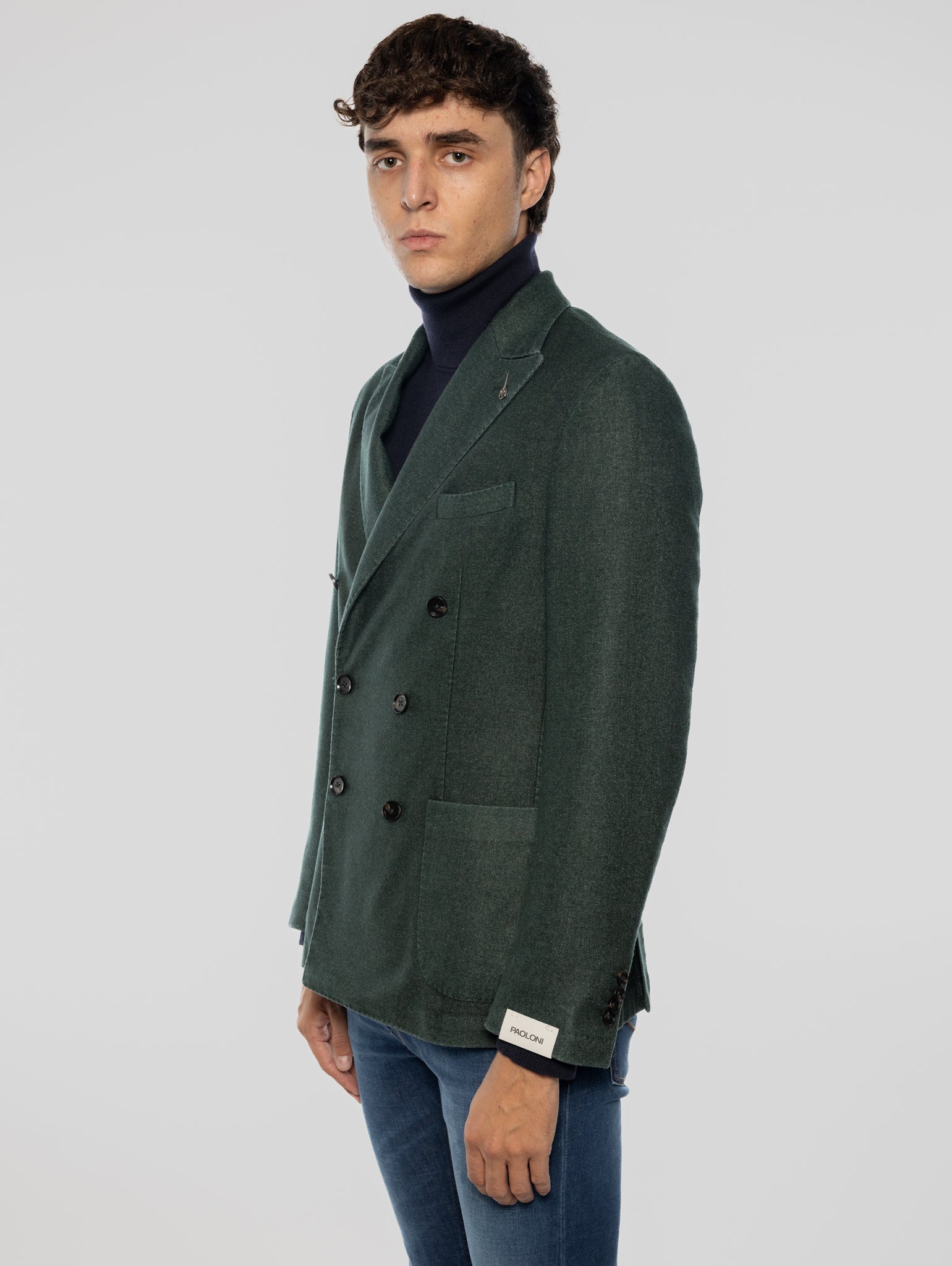 Double-breasted jacket in green frosted wool