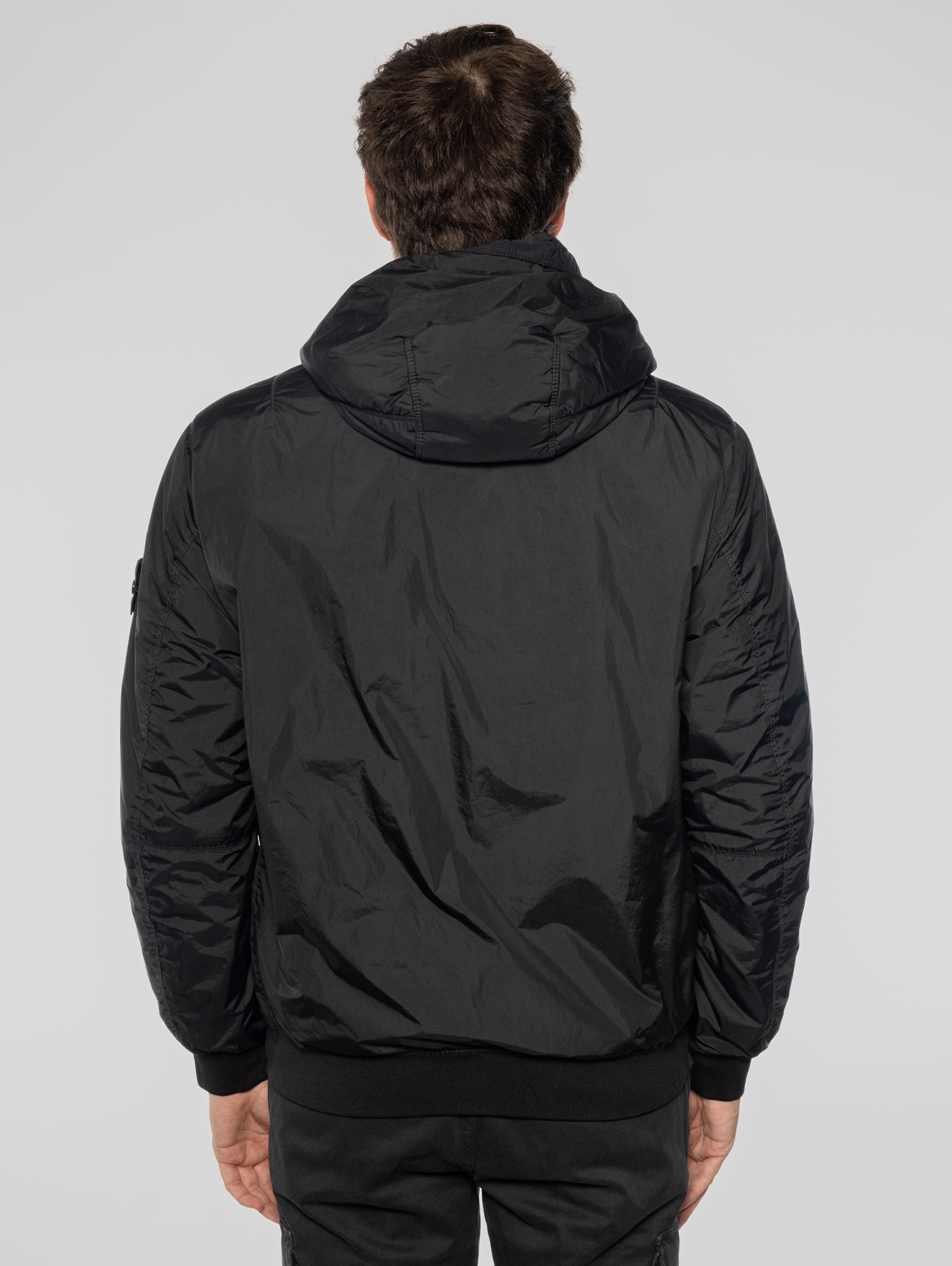 Black Crinkle Nylon Hooded Jacket