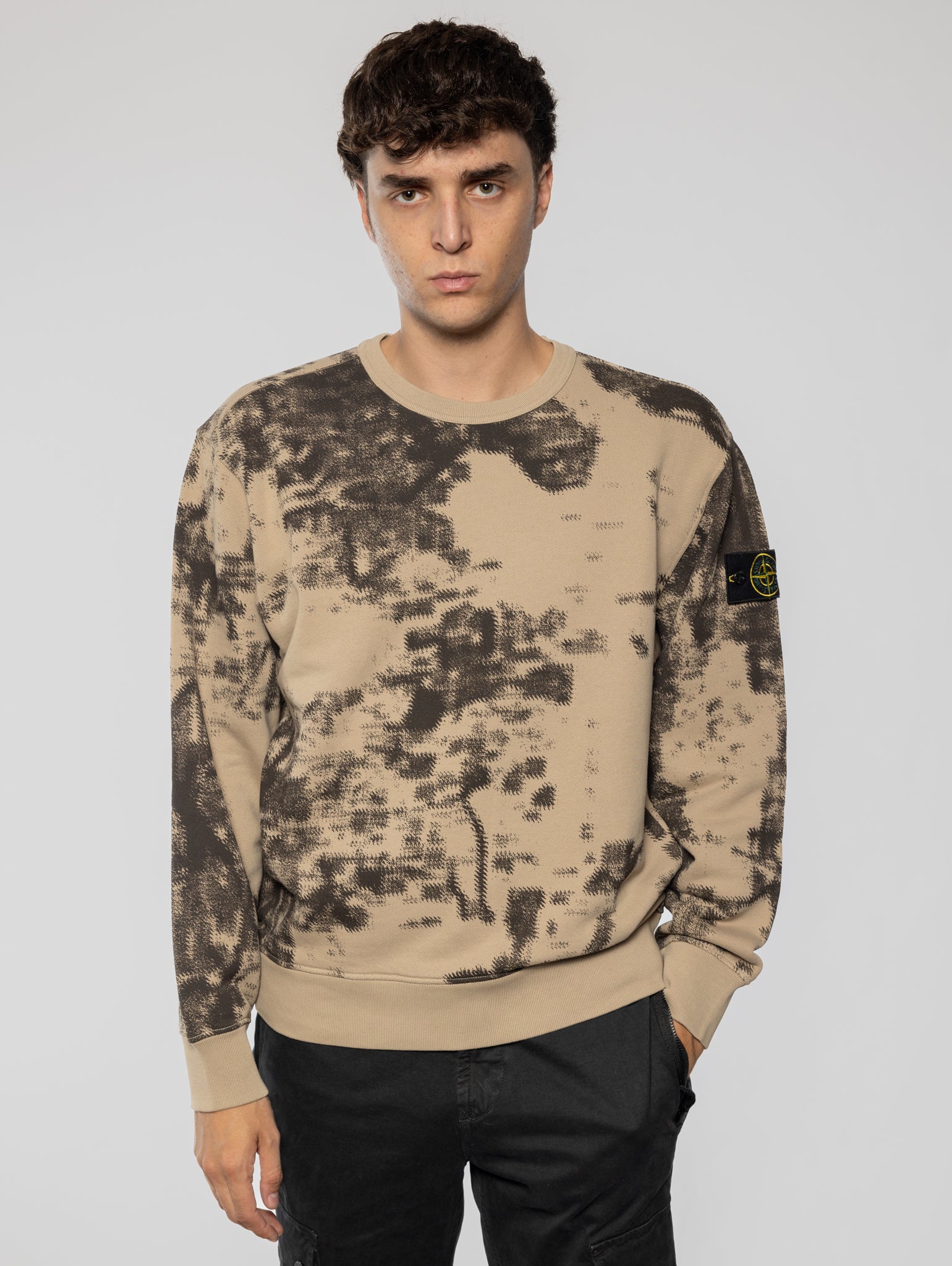 STONE ISLAND-Felpa Girocollo Stampa Earth Mapping Beige-TRYME Shop