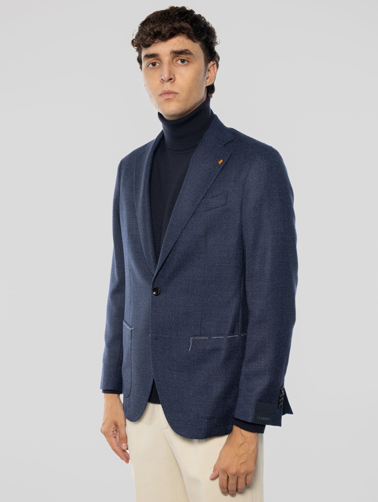 Unlined Jacket in Pure Wool Melange Blue