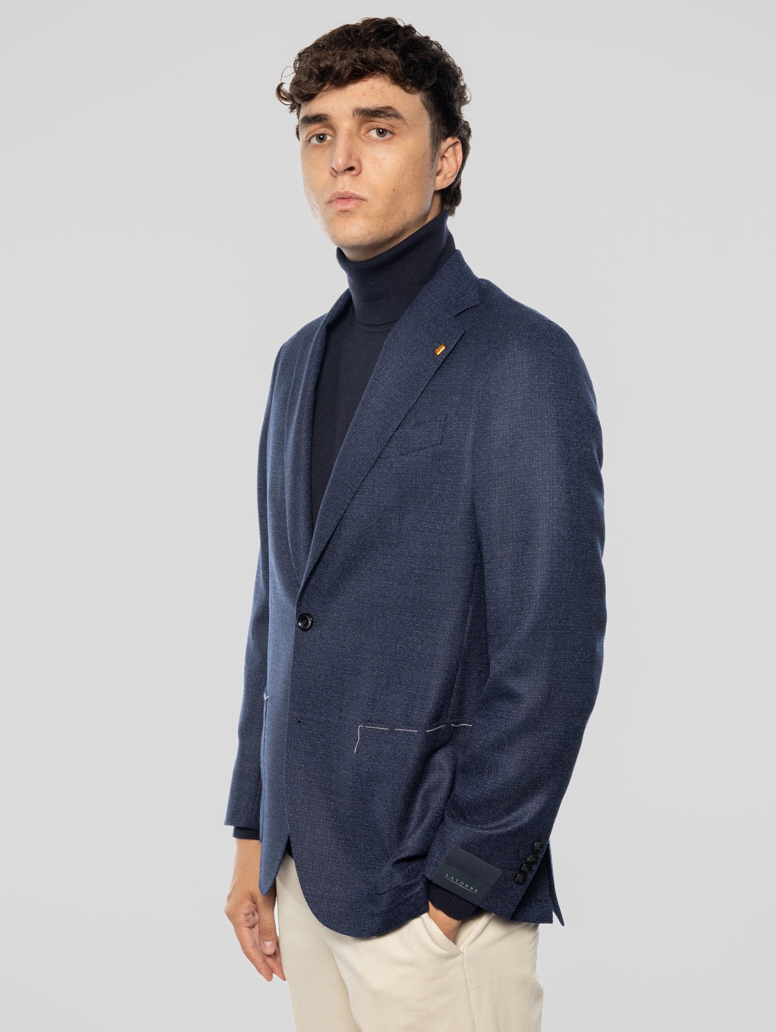 Unlined Jacket in Pure Wool Melange Blue