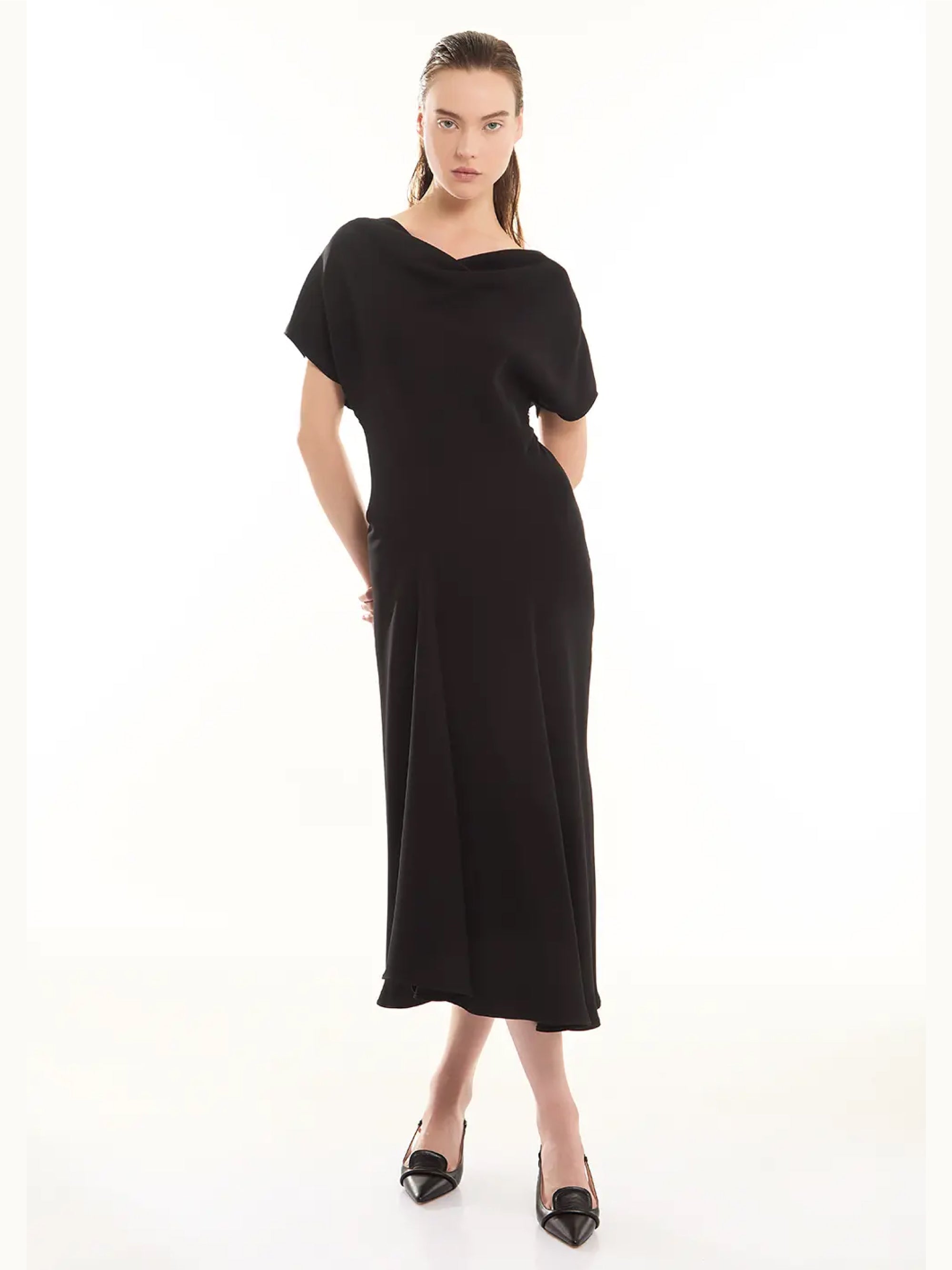 Black Draped Midi Dress