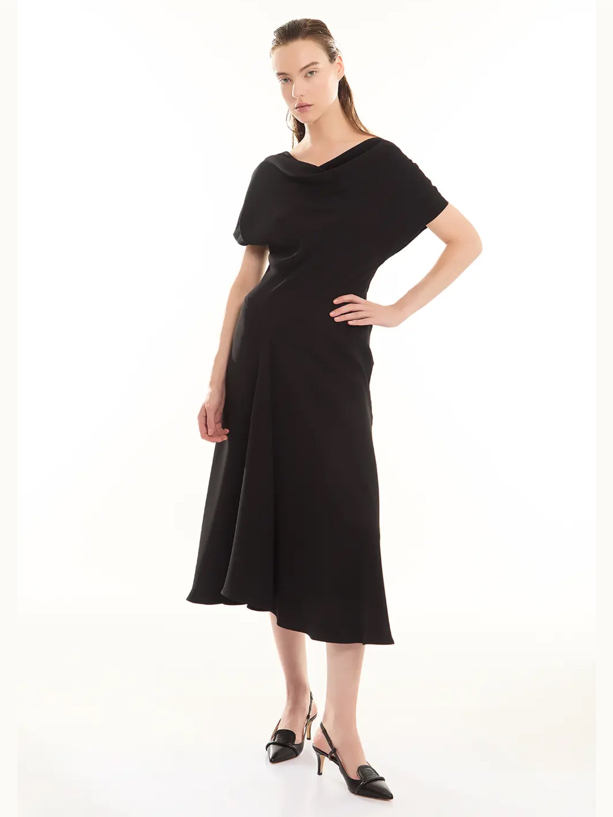 P.A.R.O.S.H.-Abito Midi con Drappeggio Nero-TRYME Shop