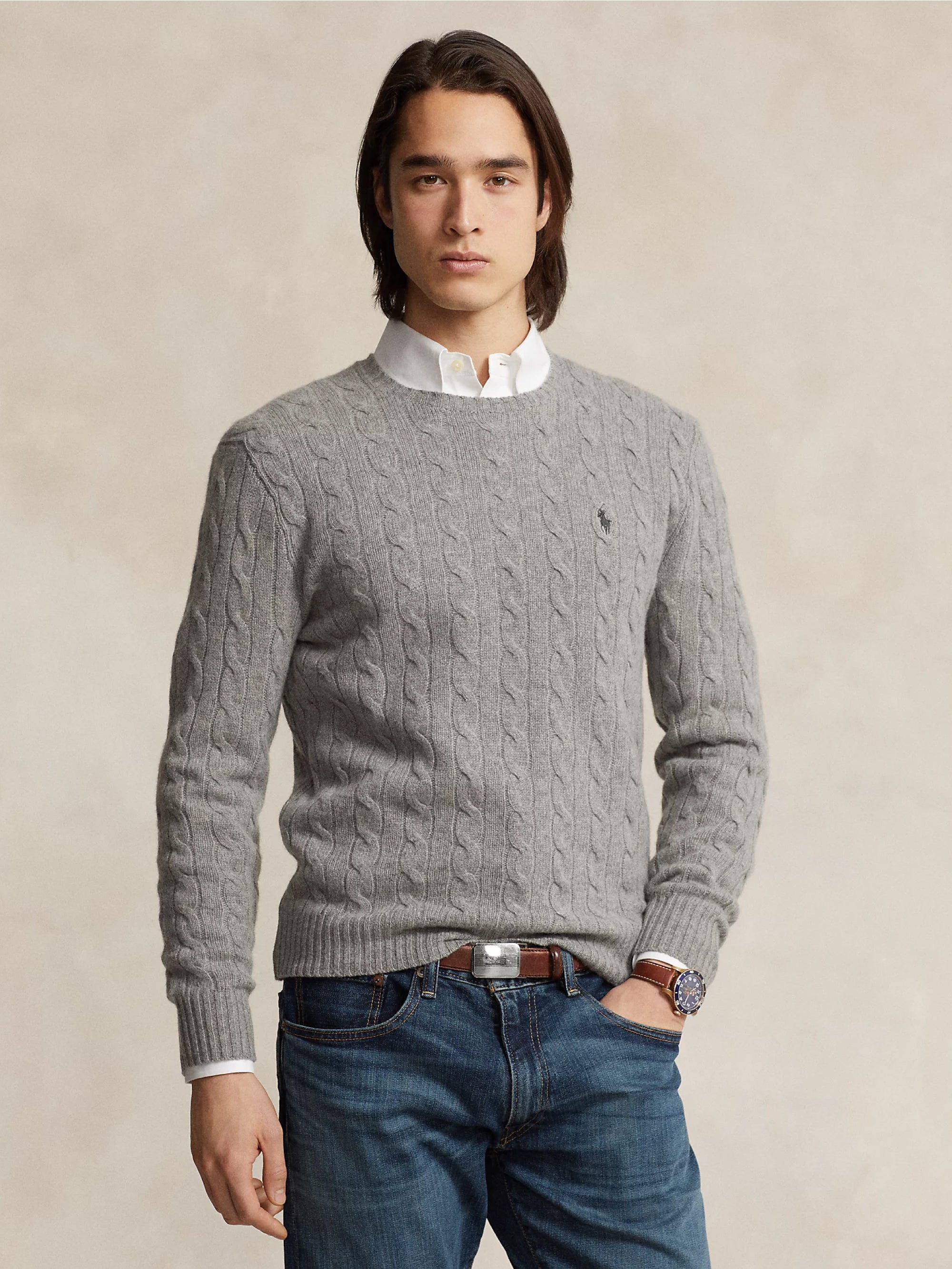 RALPH LAUREN-Maglia in Lana e Cashmere a Trecce Grigio-TRYME Shop