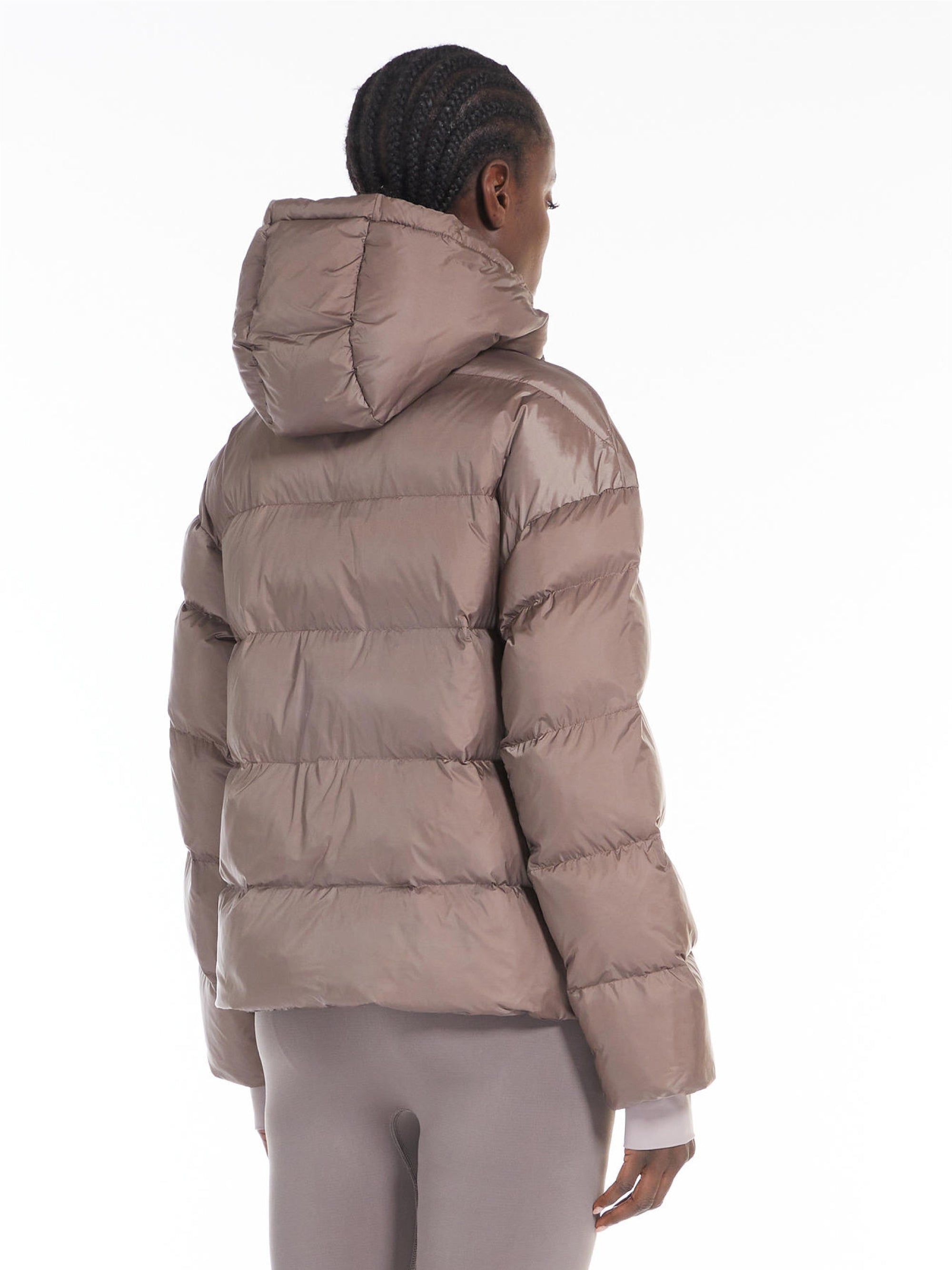 Short down jacket with hood and hazelnut Luxepad padding