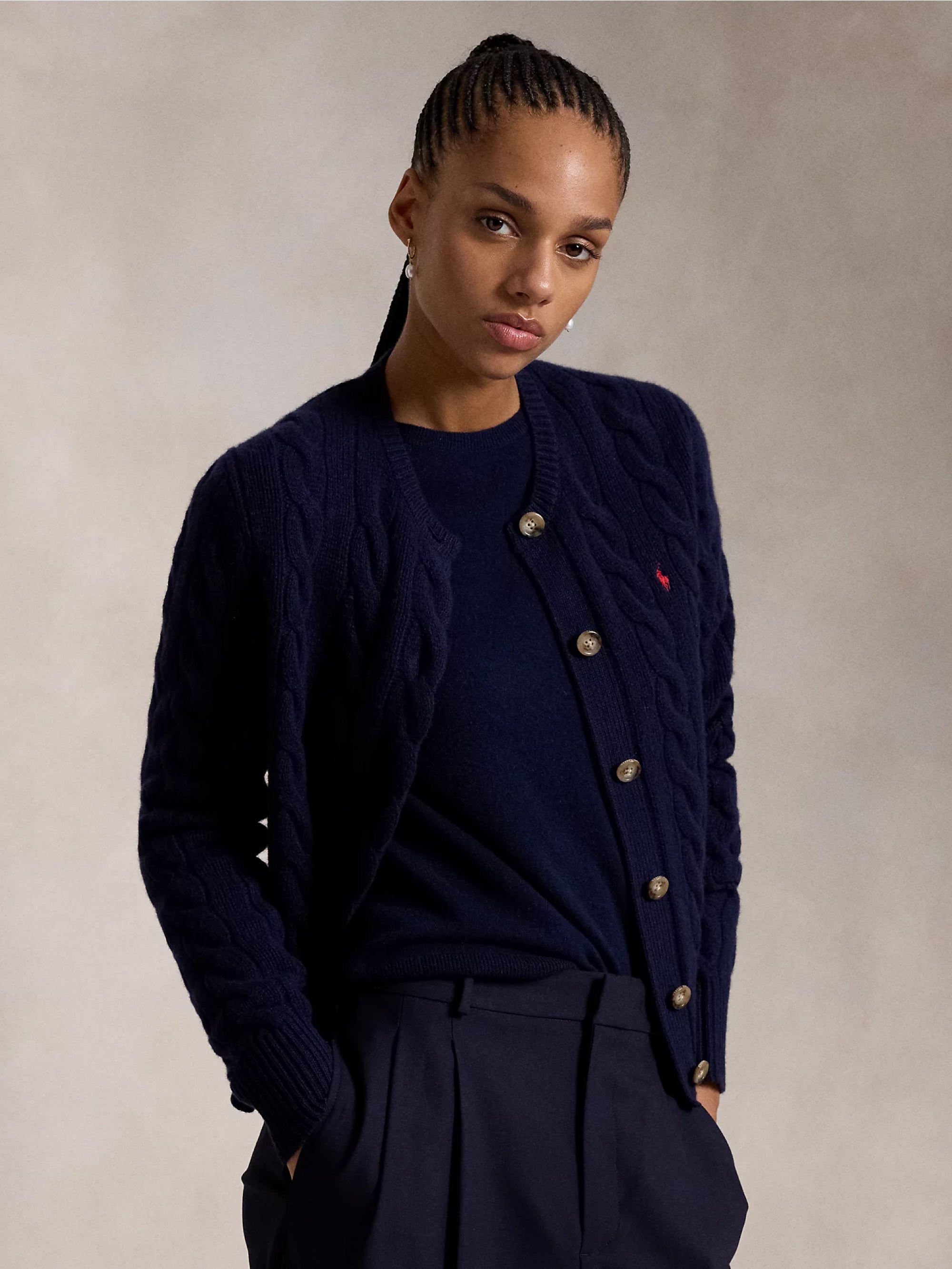 RALPH LAUREN Cardigan a Trecce in Misto Cashmere Blu