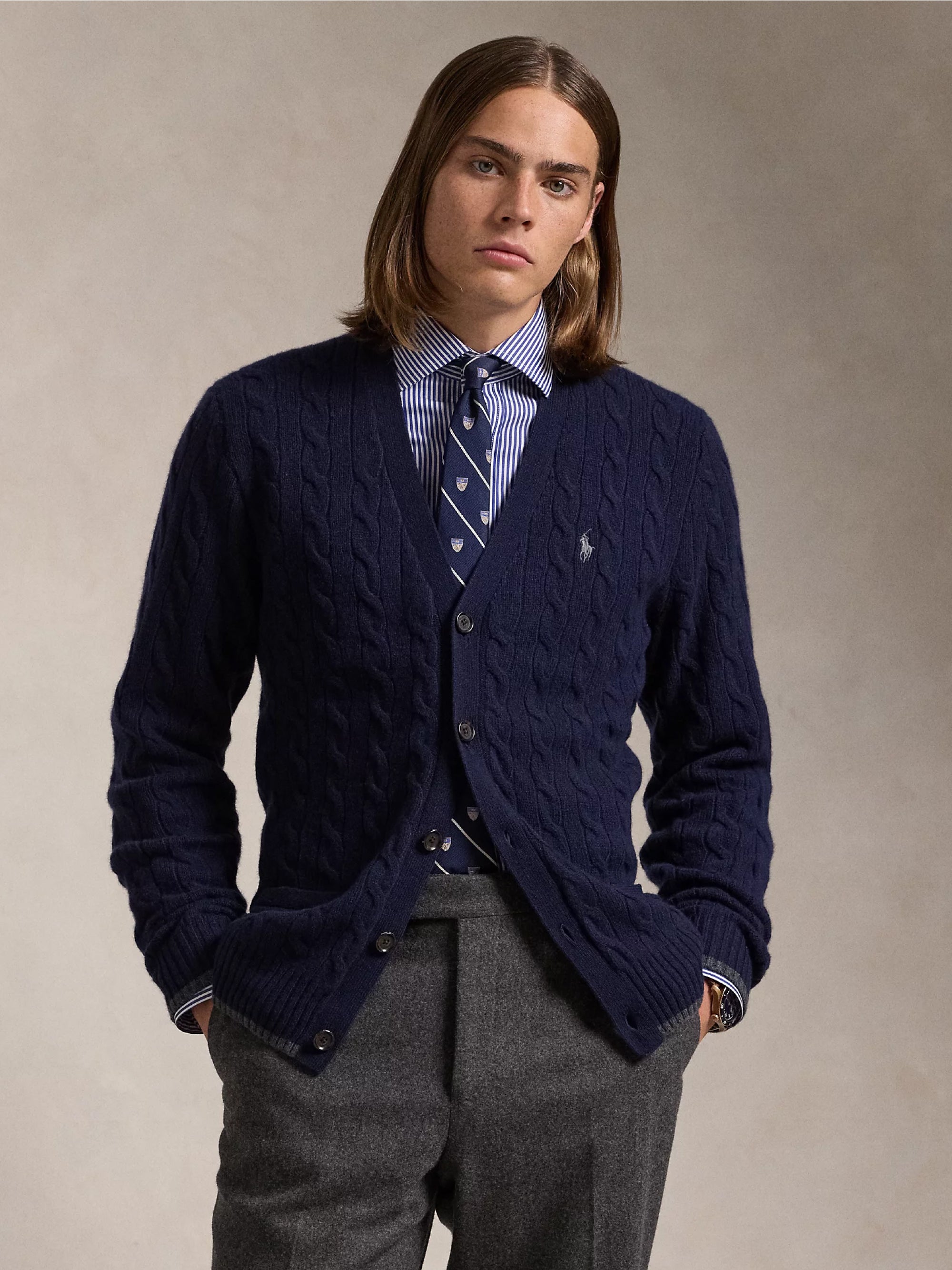 RALPH LAUREN Cardigan in Lana e Cashmere a Trecce Blu