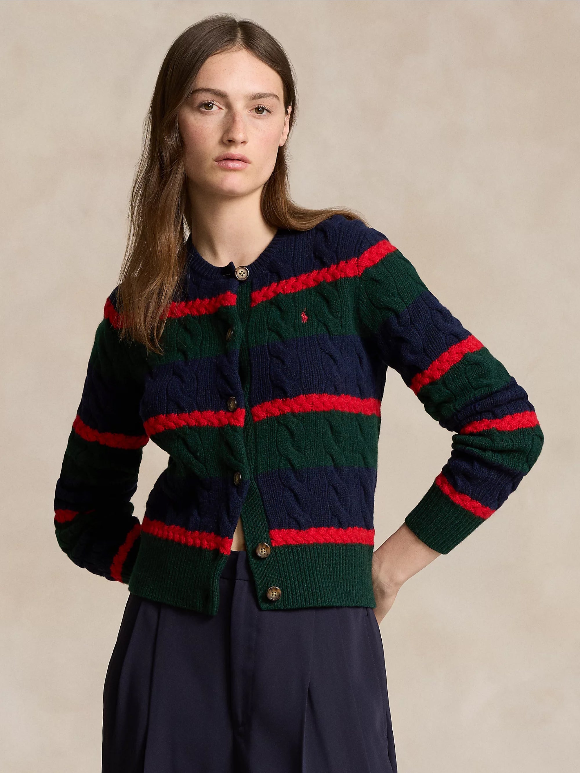 RALPH LAUREN Cardigan a Righe in Misto Cashmere Verde/Blu