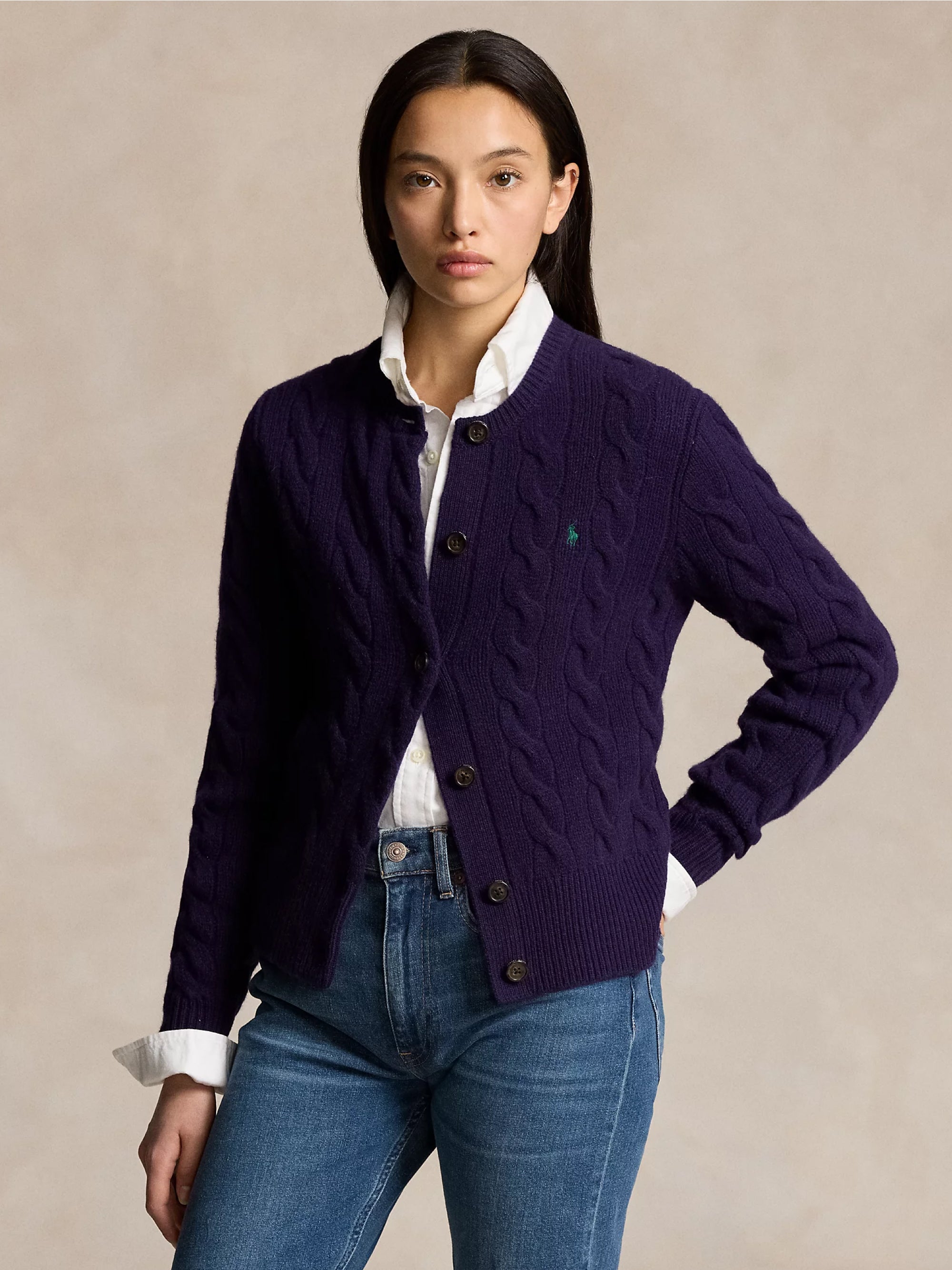 RALPH LAUREN-Cardigan a Trecce in Misto Cashmere Viola-TRYME Shop