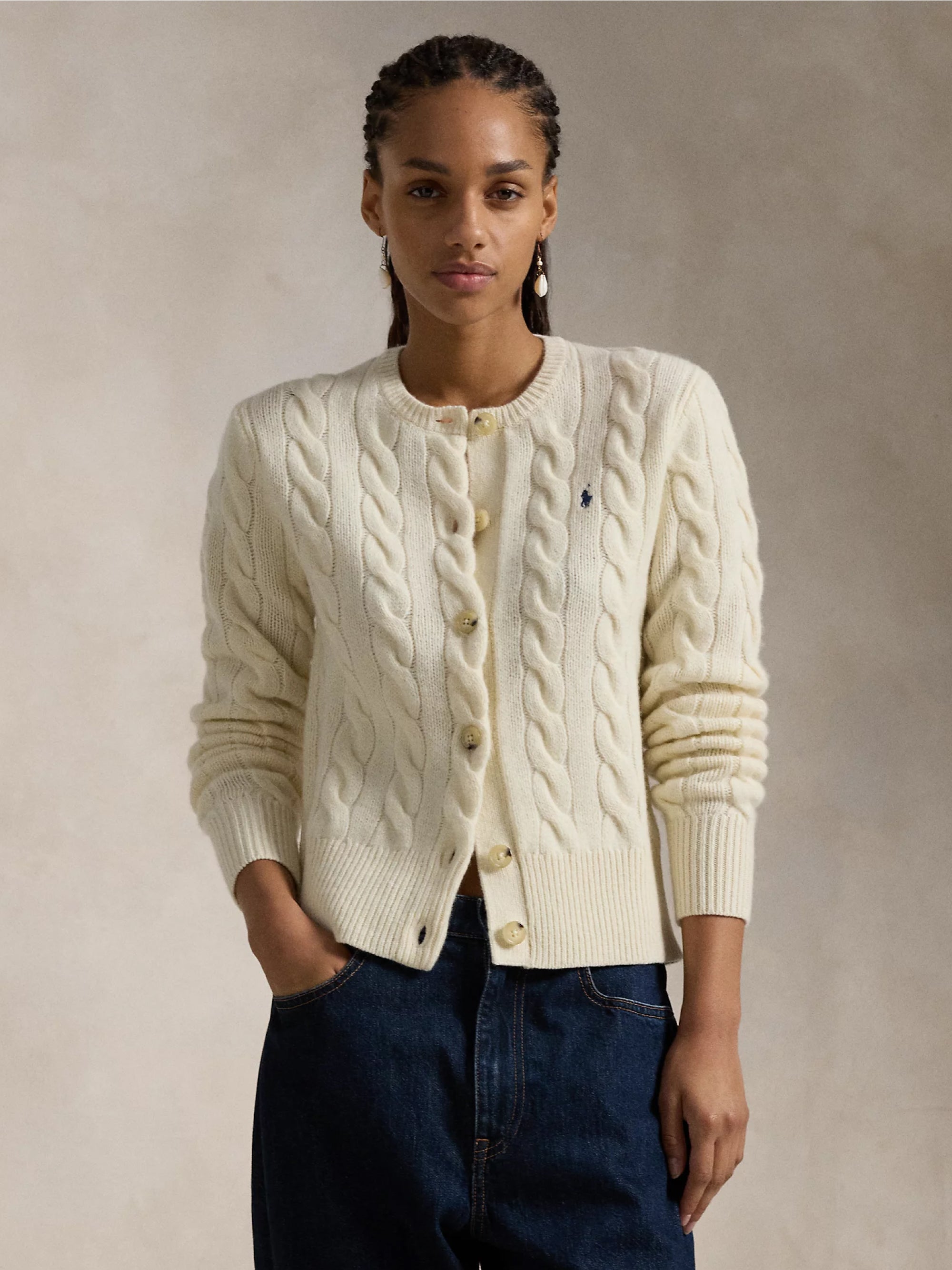 RALPH LAUREN Cardigan a Trecce in Misto Cashmere Crema