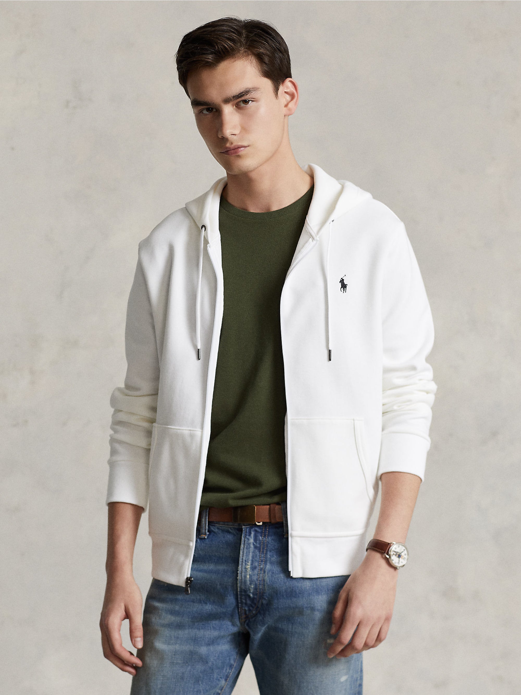 RALPH LAUREN-Felpa con Cappuccio e Zip in Maglia Doppia Bianco-TRYME Shop