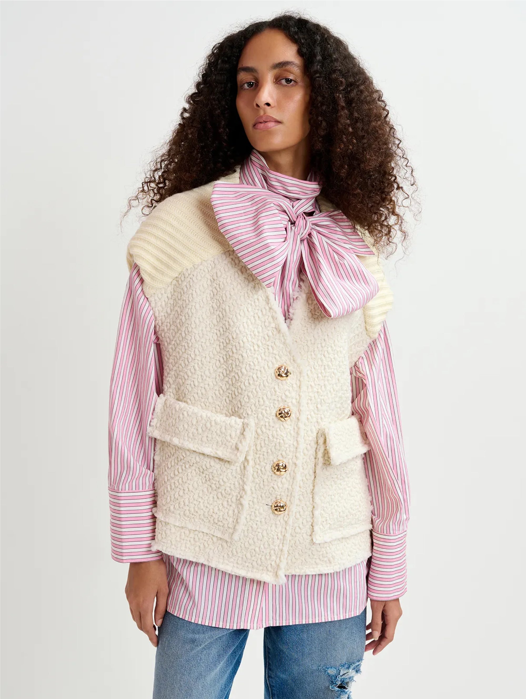 ESSENTIEL ANTWERP-Gilet in Tweed Bianco-TRYME Shop