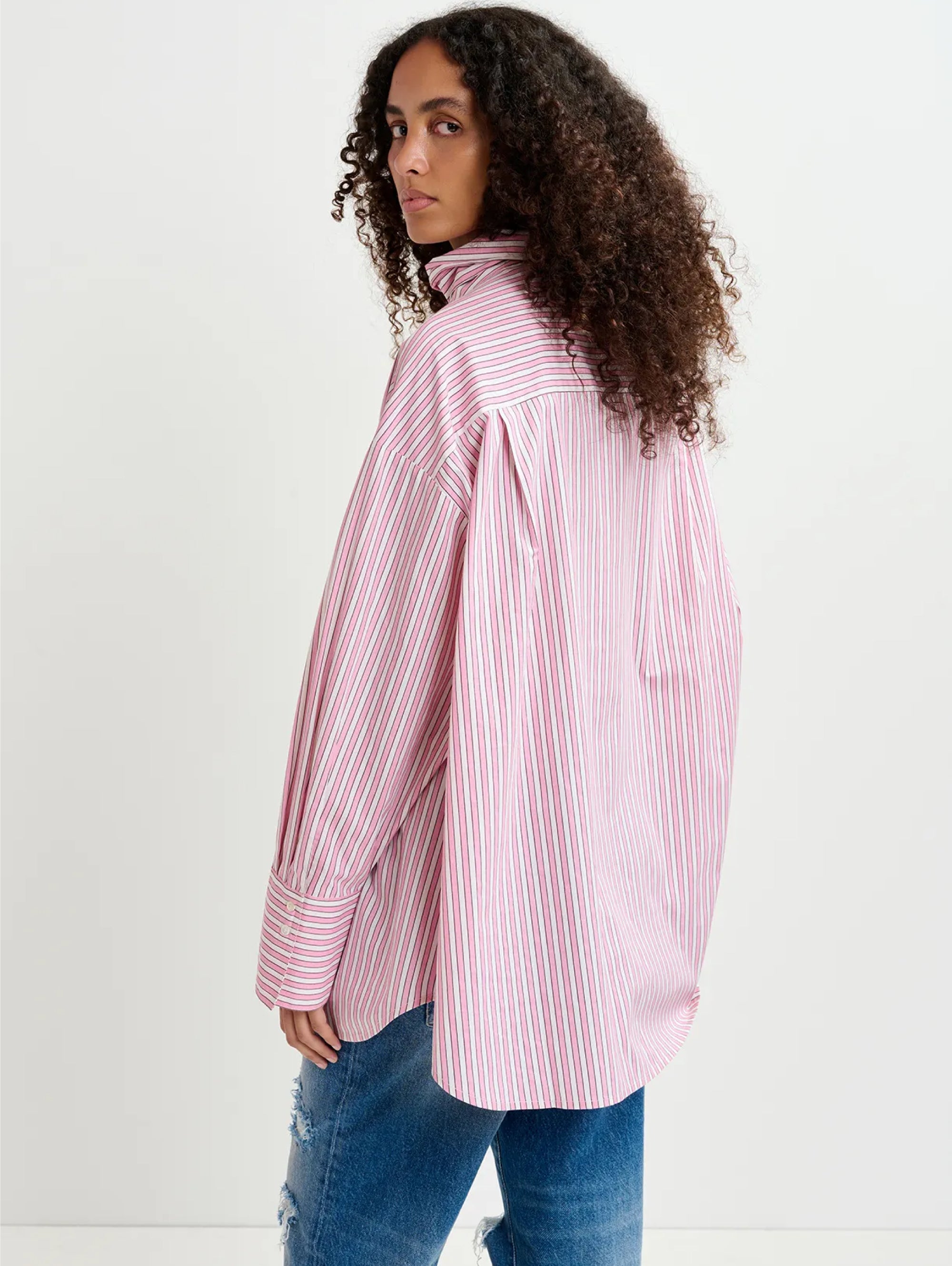 Camicia a Righe con Maxi Fiocco Bianco/Rosa