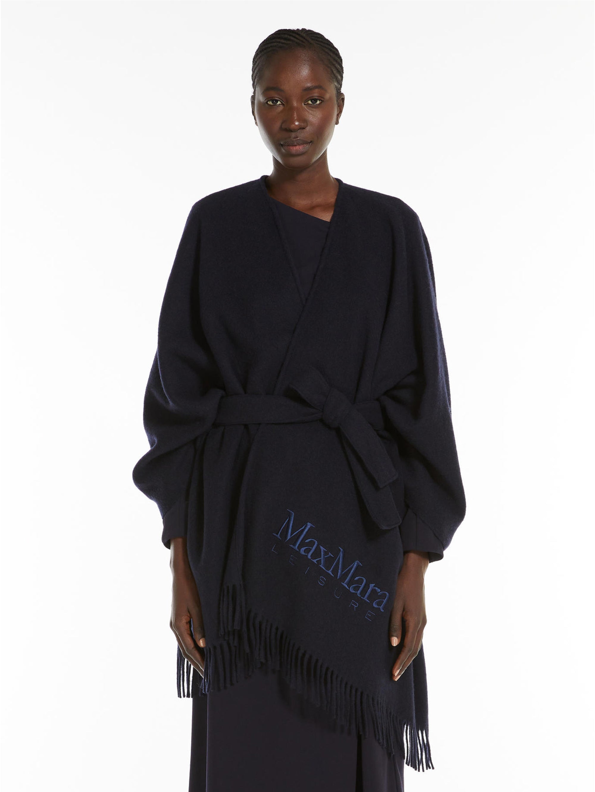 MAX MARA LEISURE-Poncho in Lana con Frange Blu-TRYME Shop