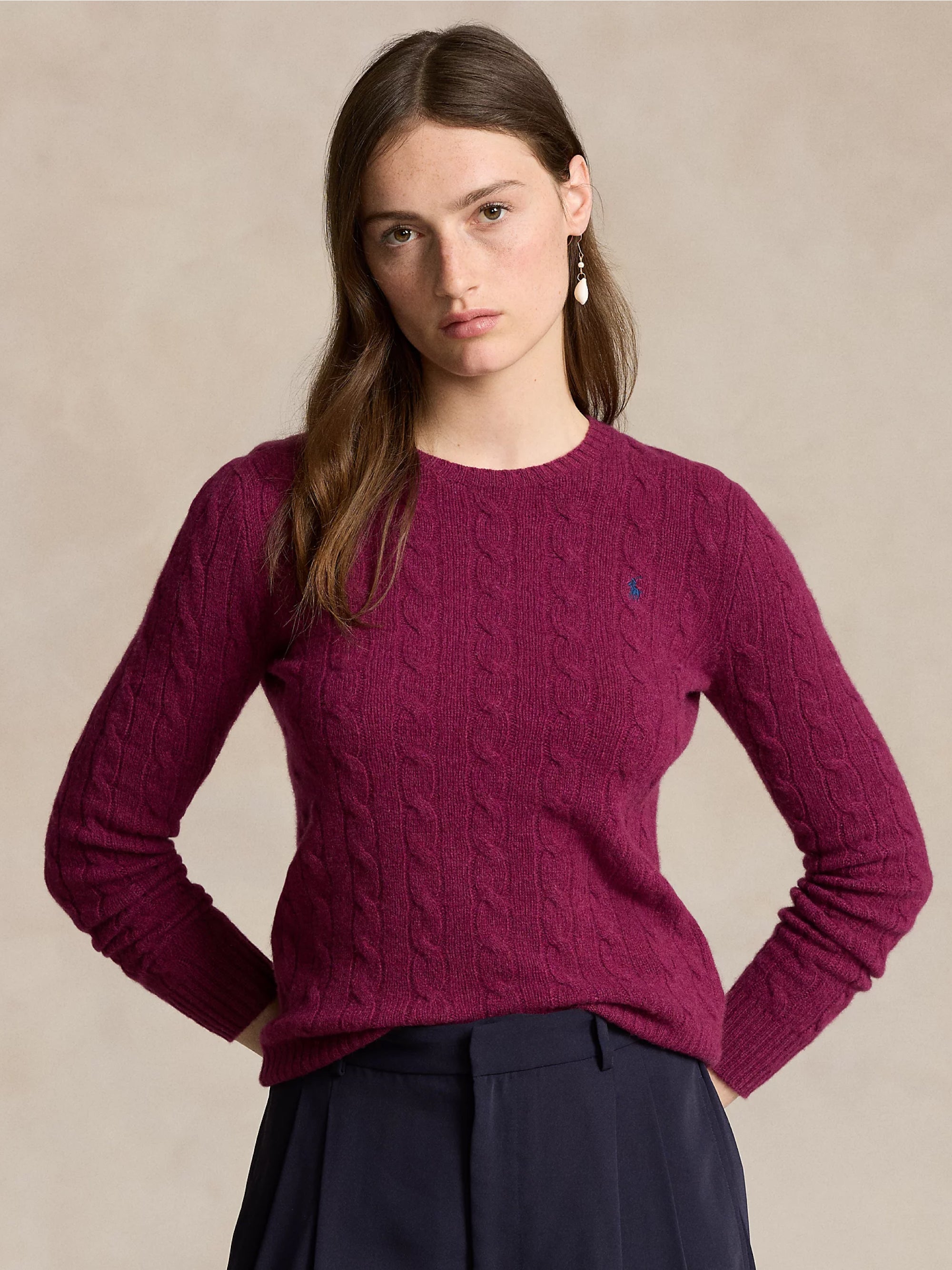 RALPH LAUREN-Maglia a Trecce in Misto Cashmere Prugna-TRYME Shop