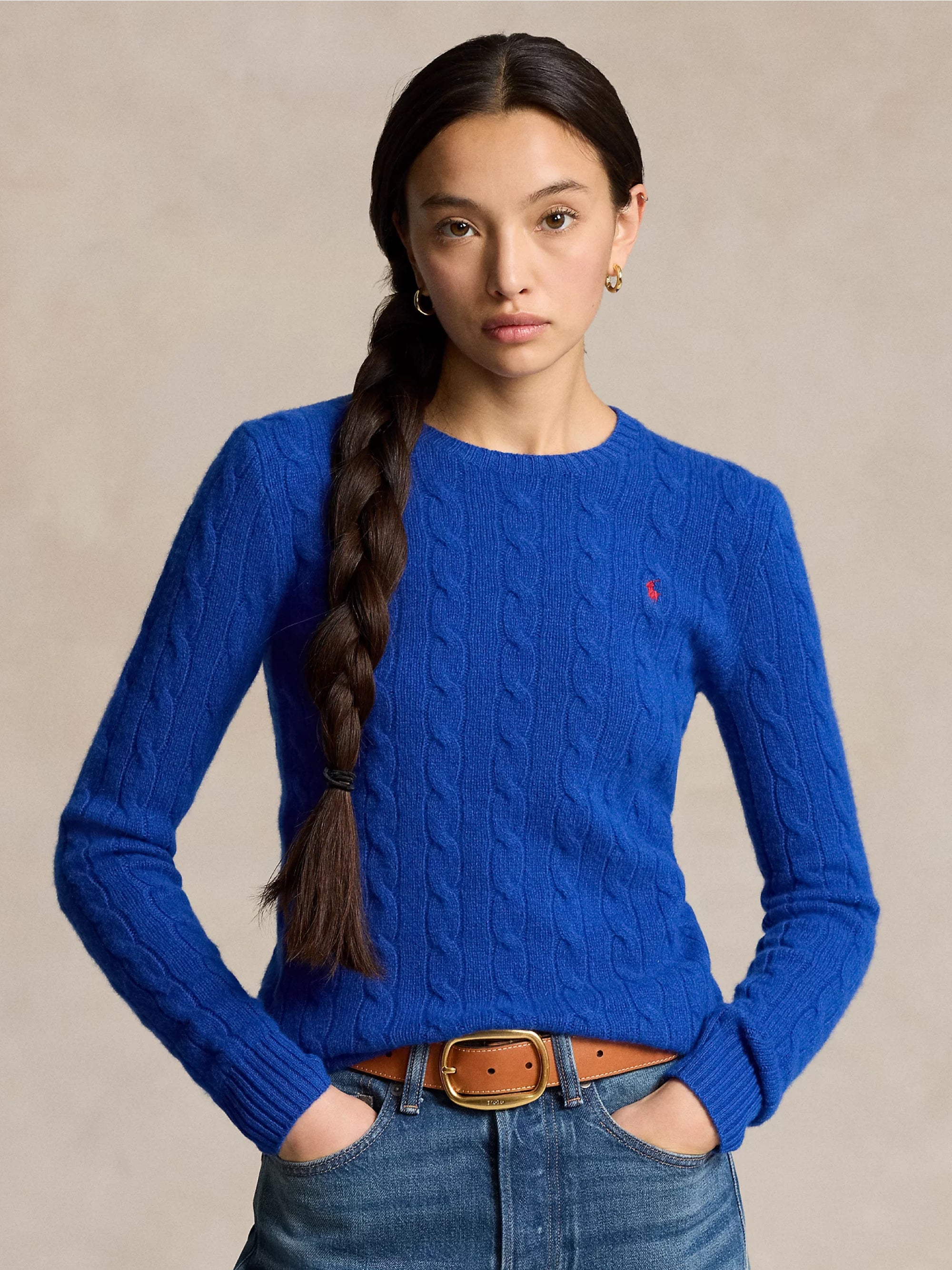 RALPH LAUREN-Maglia a Trecce in Misto Cashmere Blu Royal-TRYME Shop